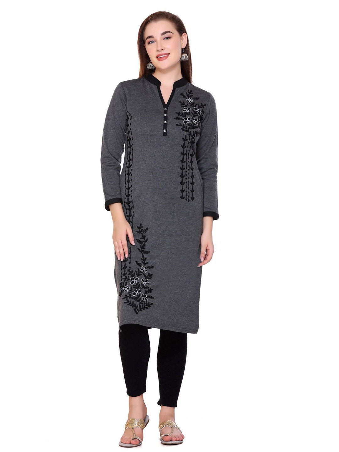 

ROSARY Winter Floral Embroidered Mandarin Collar Neck Kurta, Charcoal