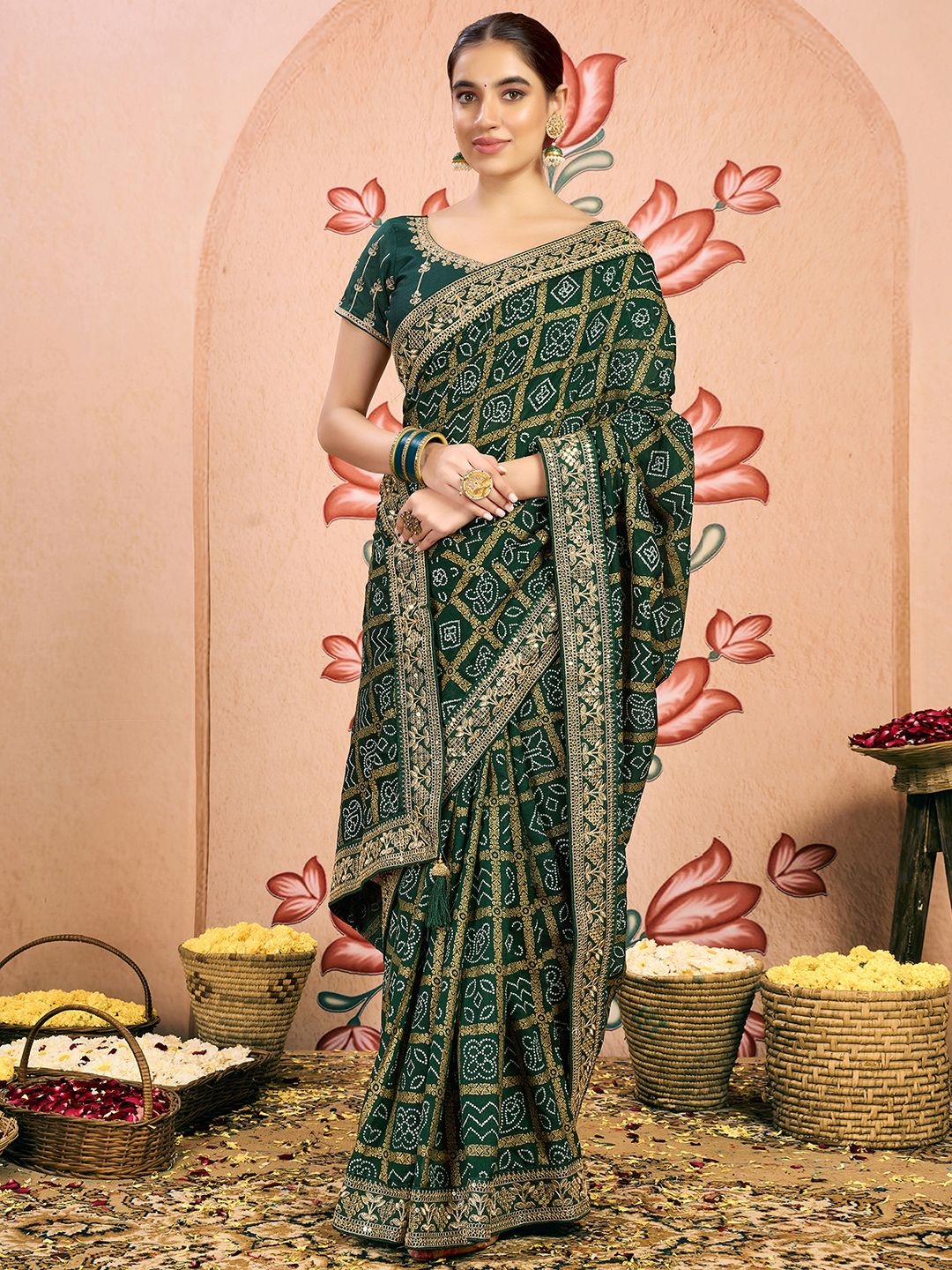 

Satrani Bandhani Embroidered Pure Georgette Bandhani Saree, Green