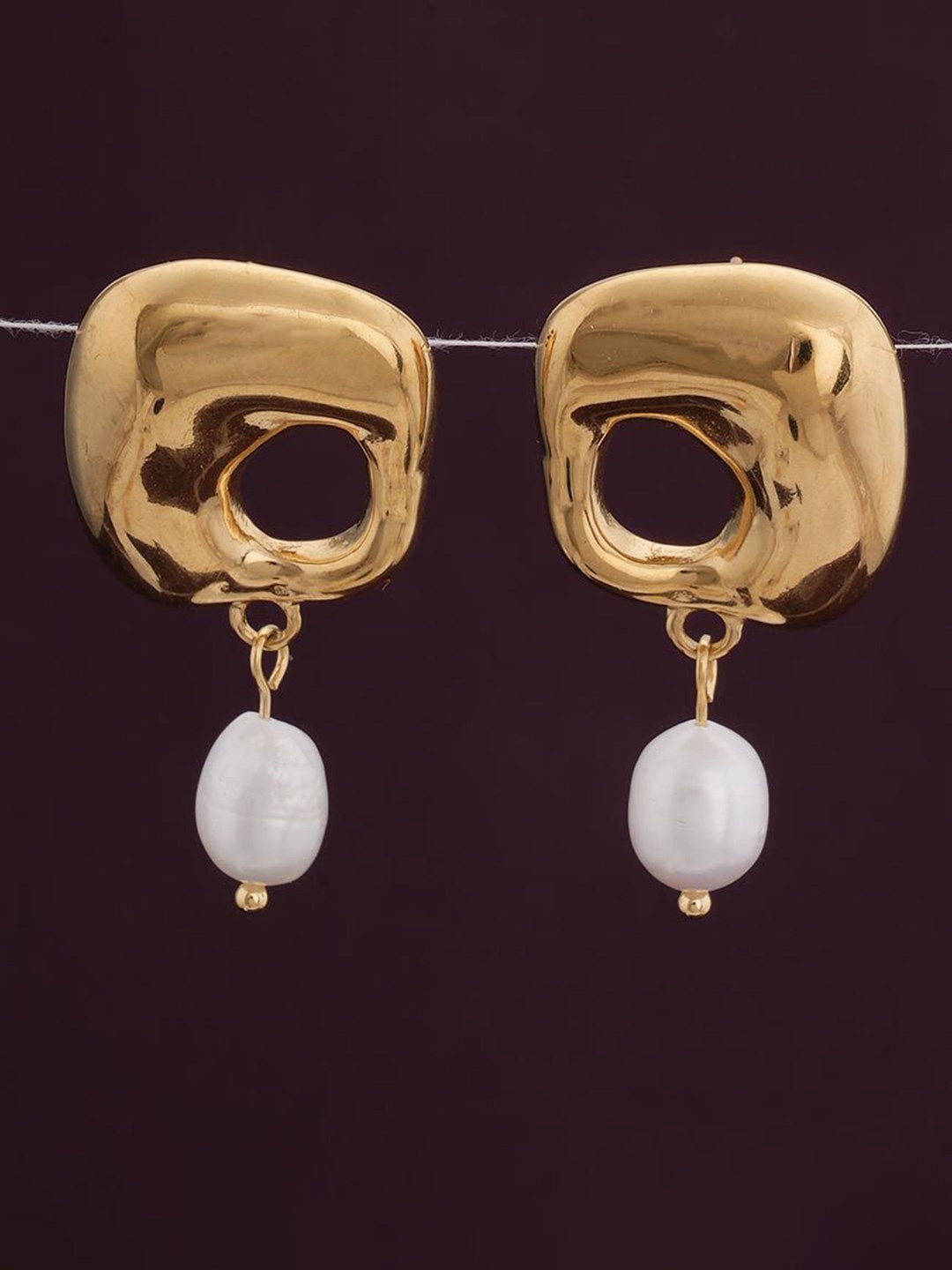 

PALMONAS Gold Plated Pearls Studded Square Drop Earrings