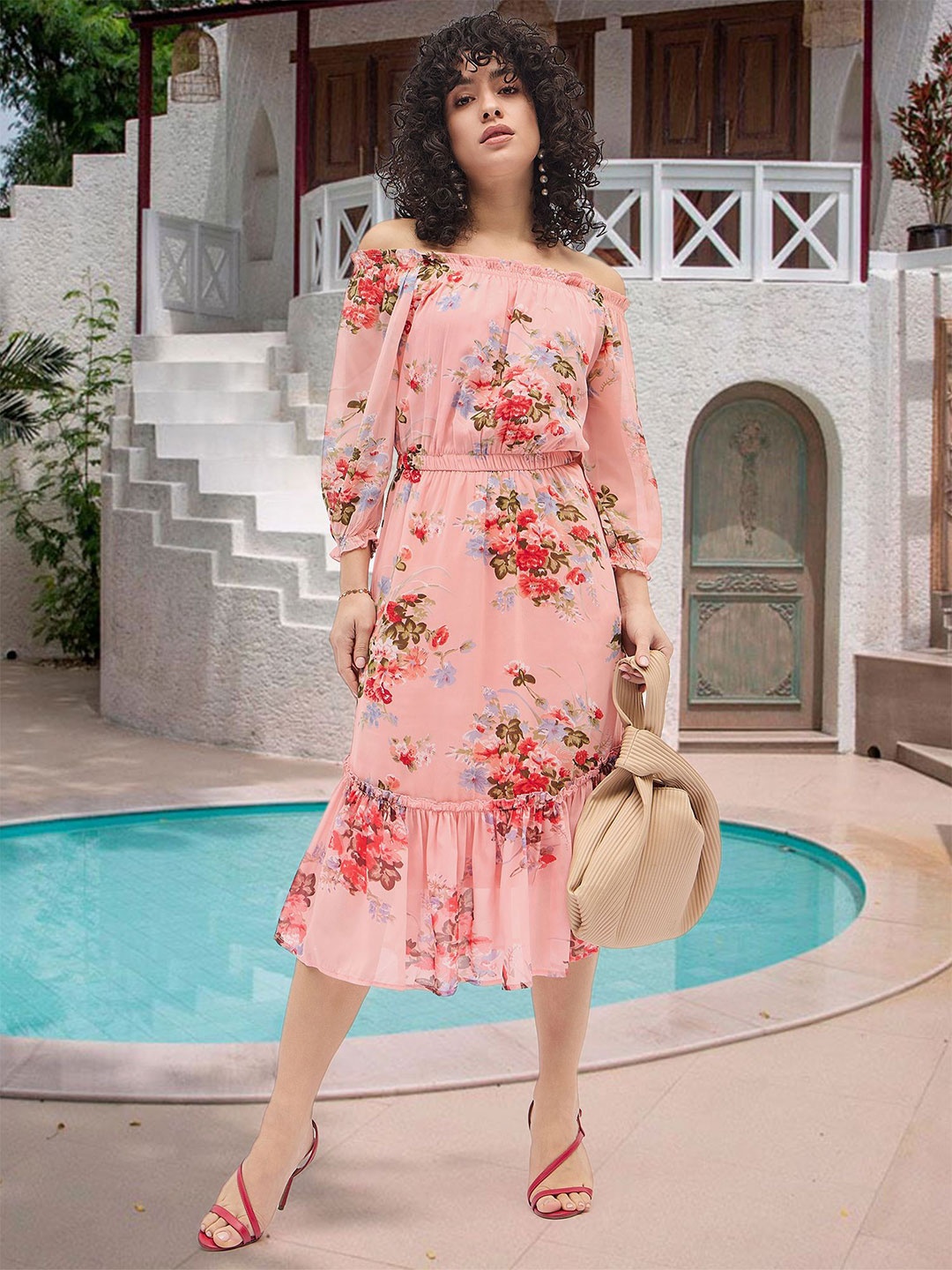 

DressBerry Floral Print Off-Shoulder Puff Sleeve Georgette Empire Midi Dress, Pink