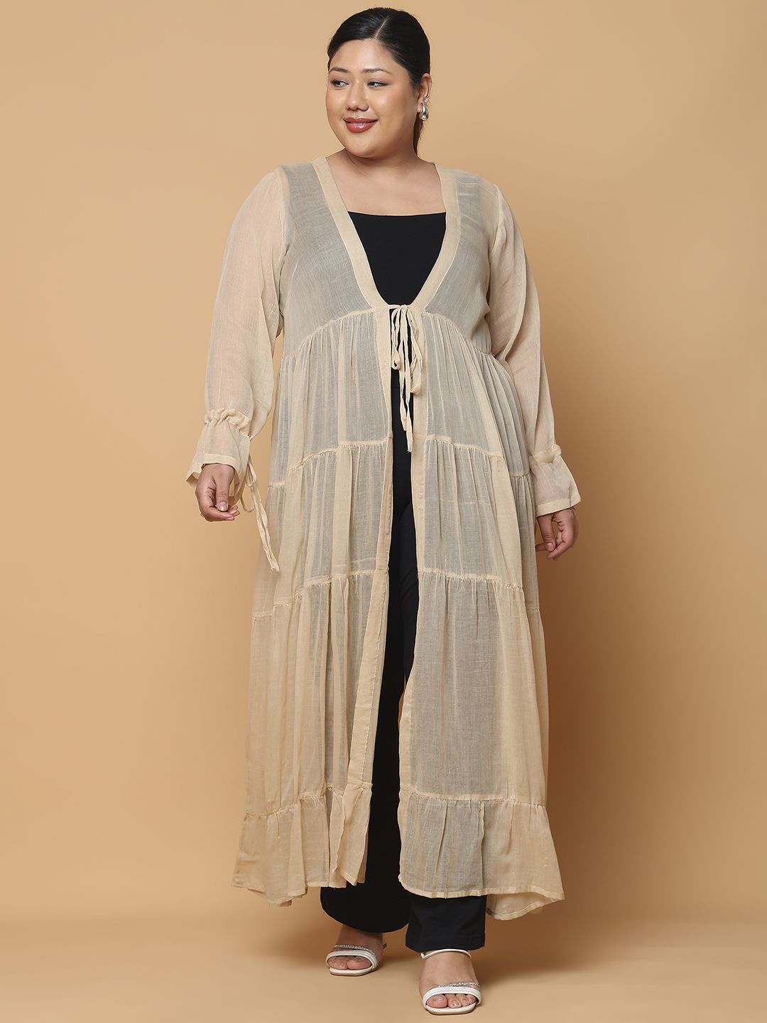 

theRebelinme Plus Size Bell Sleeves Gathers Longline Pure Cotton Tie-Up Shrug, Beige