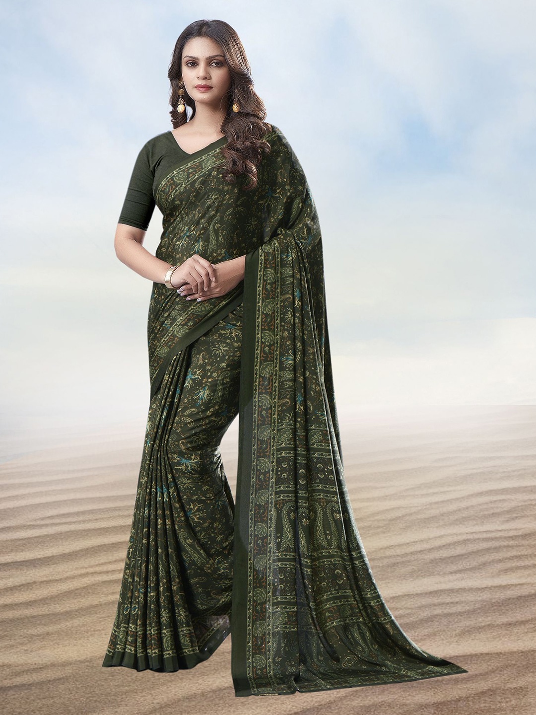 

Kasak Floral Pure Crepe Saree, Green