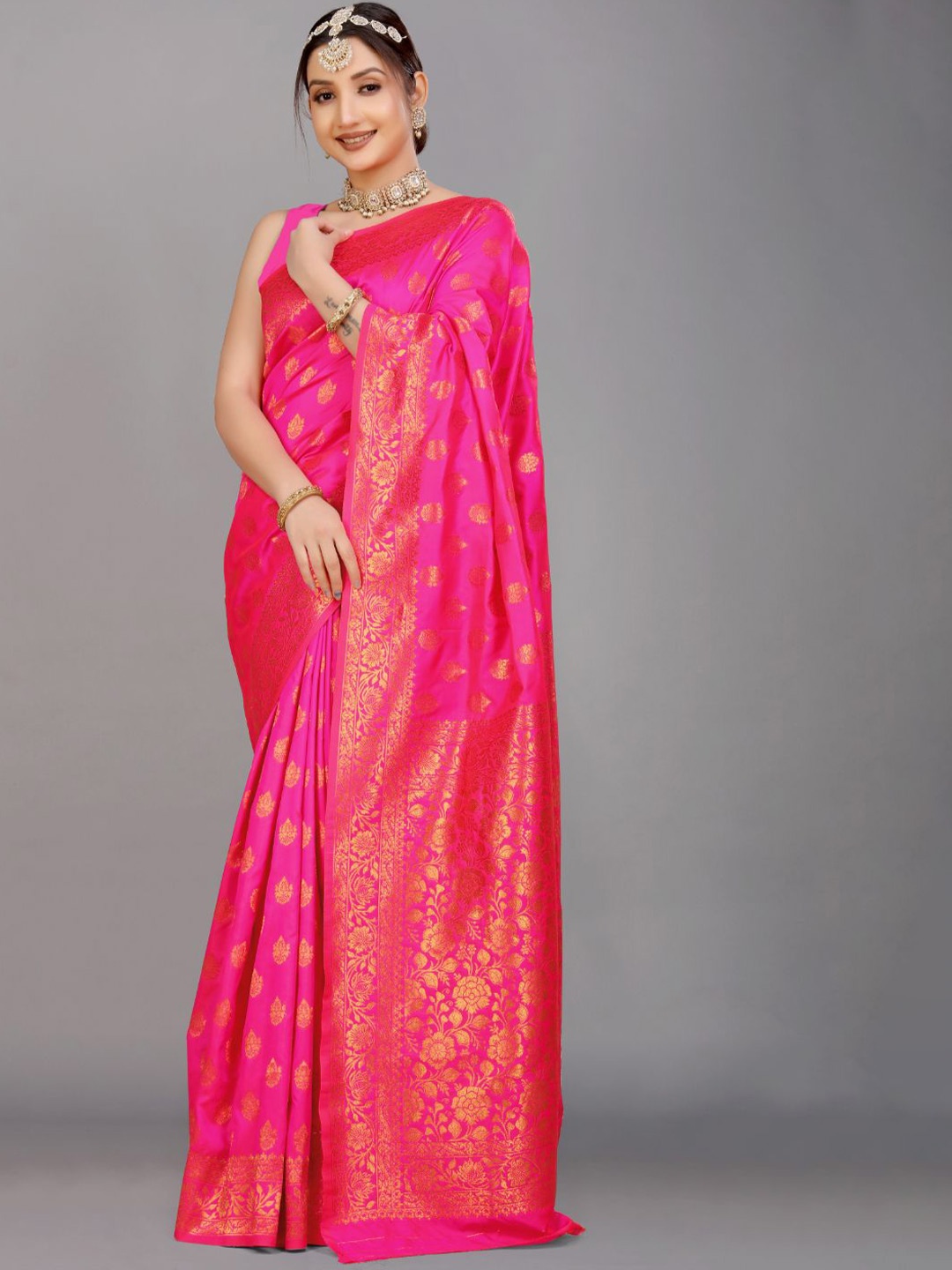 

Royal Rajgharana Saree Floral Zari Pure Silk Banarasi Sarees, Pink