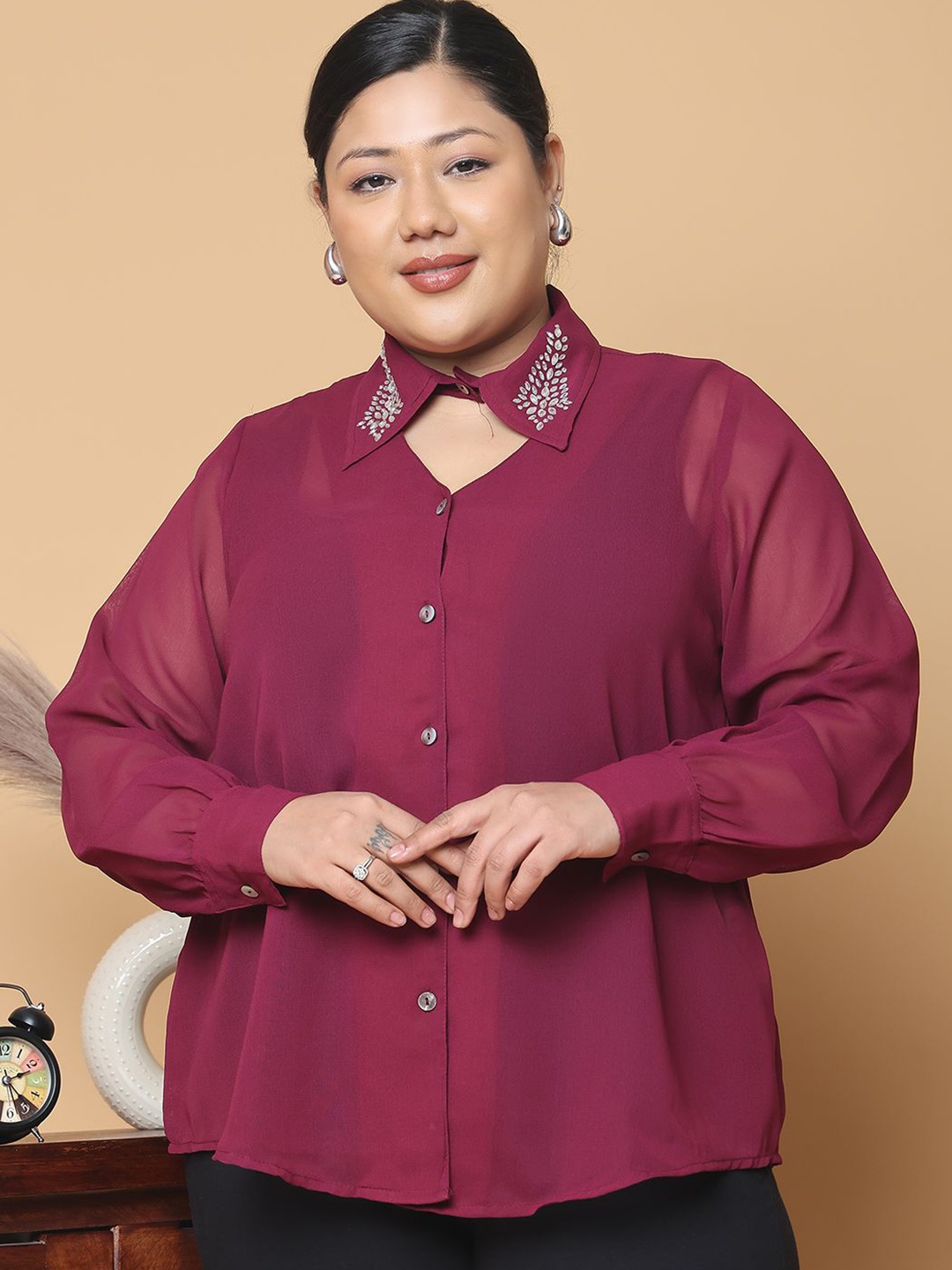 

theRebelinme Women Plus Size Relaxed Fit Spread Collar Solid Party Shirt, Purple