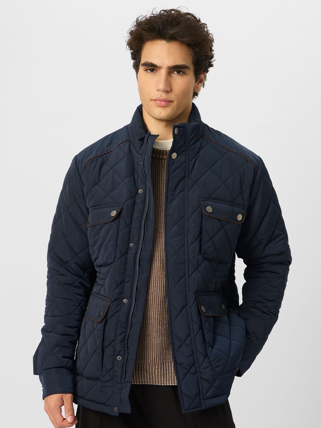 

The Souled Store Men Mock Collar Solid Casual Puffer Jacket, Navy blue