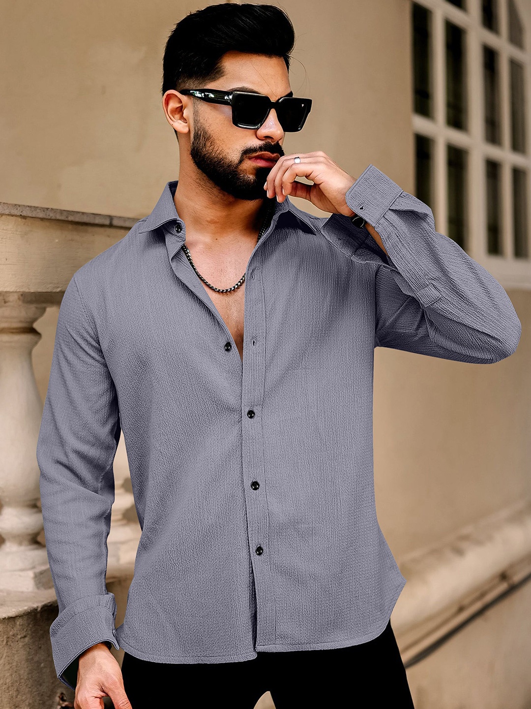 

KHUSHI CREATION Men Original Spread Collar Textured Casual Shirt, Grey