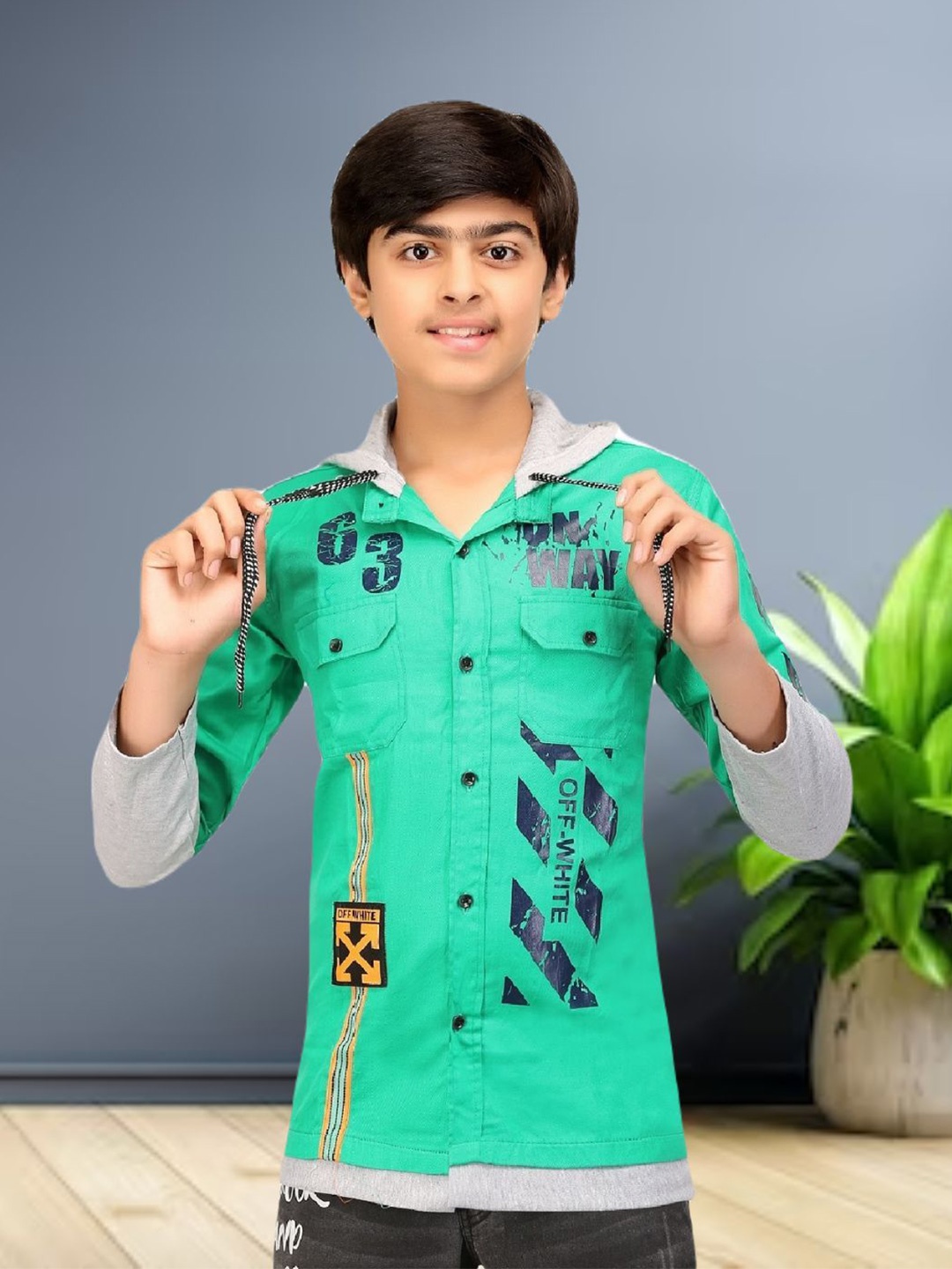 

FASHION GRAB Boys Classic Hood Multi Striped Cotton Casual Shirt, Green