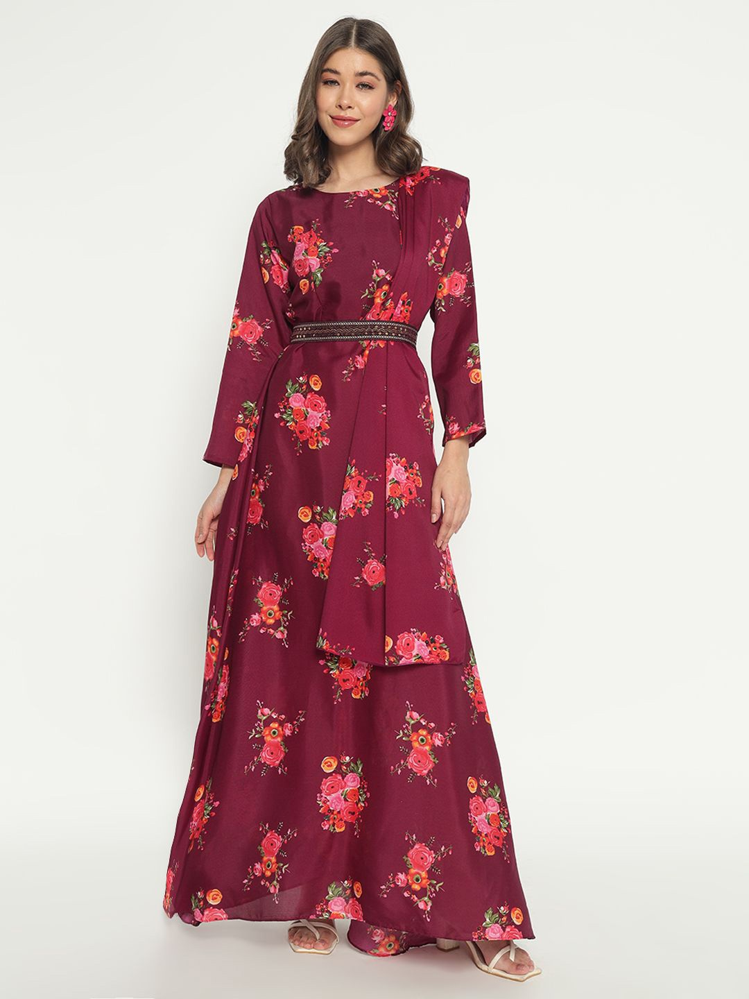 

Femvy Women Floral Printed Cotton Maxi Dress With Dupatta & Belt, Magenta