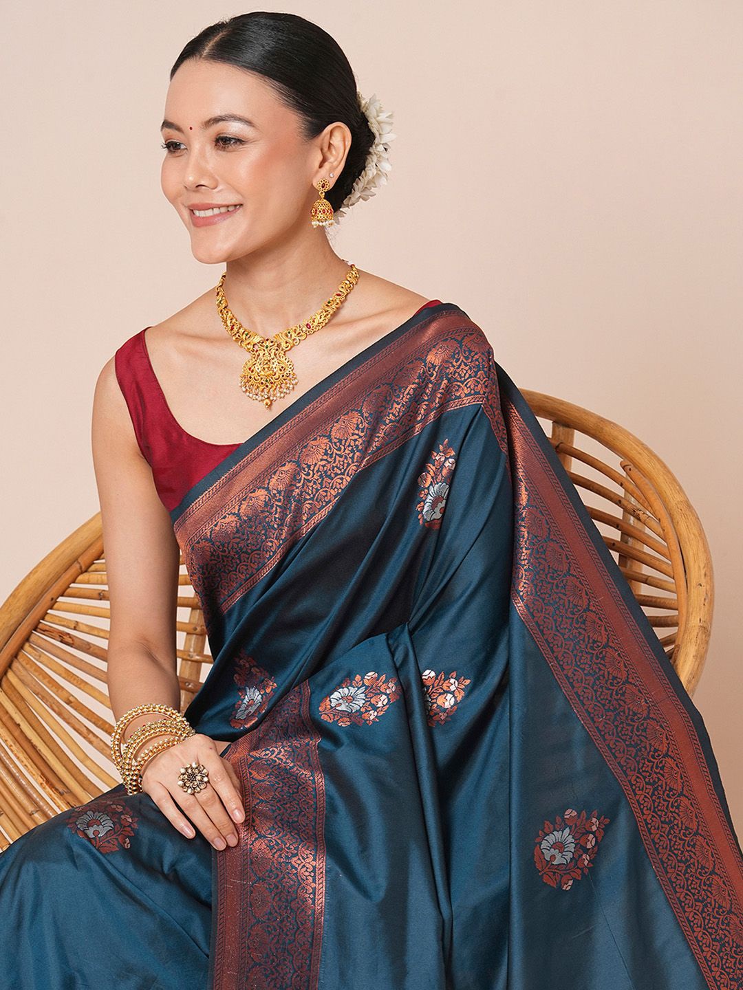 

House of Pataudi Women Ethnic Motifs Woven Design Banarasi Saree, Teal