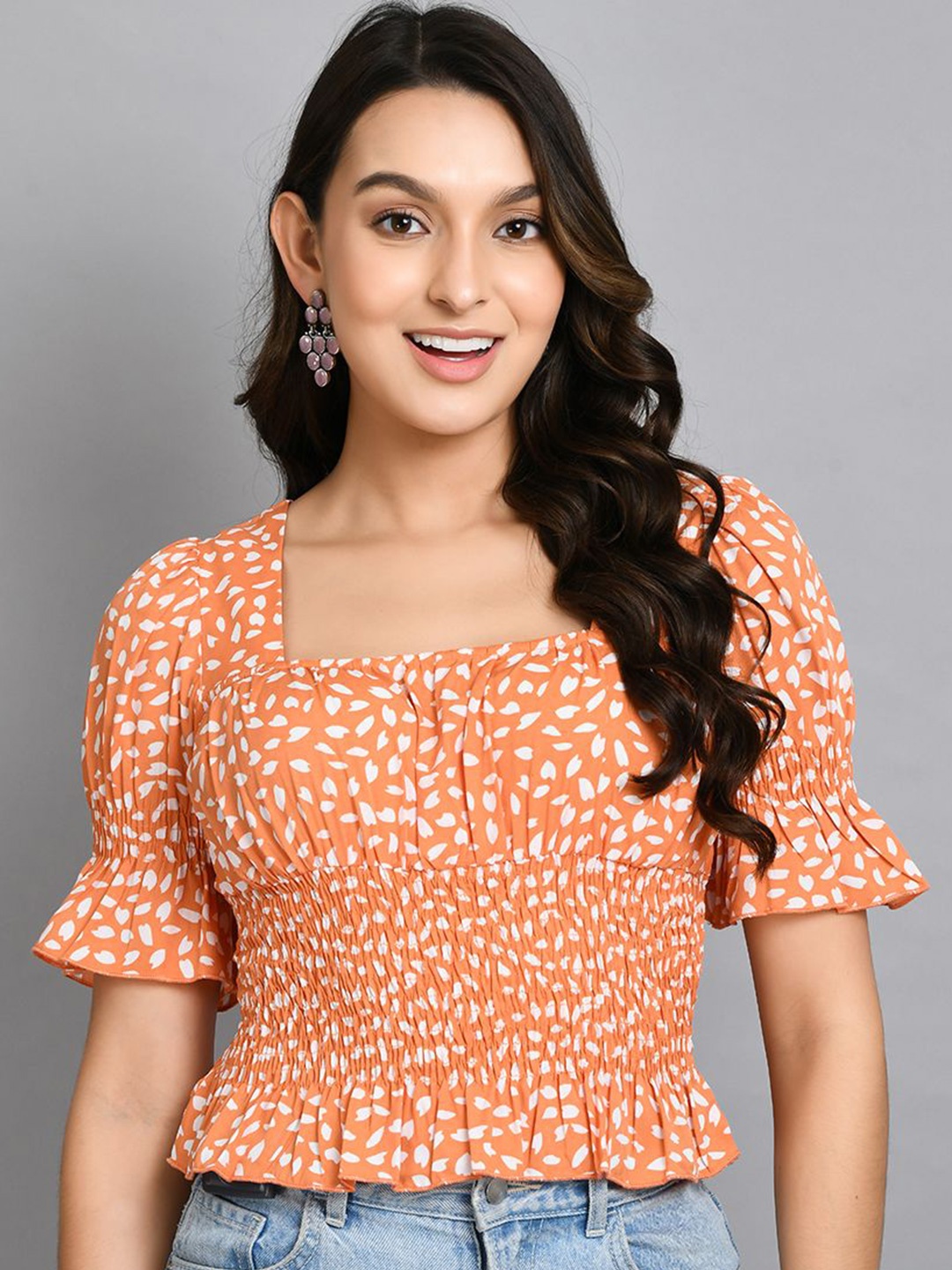 

DressBerry Printed Puff Sleeve Crop Top, Orange