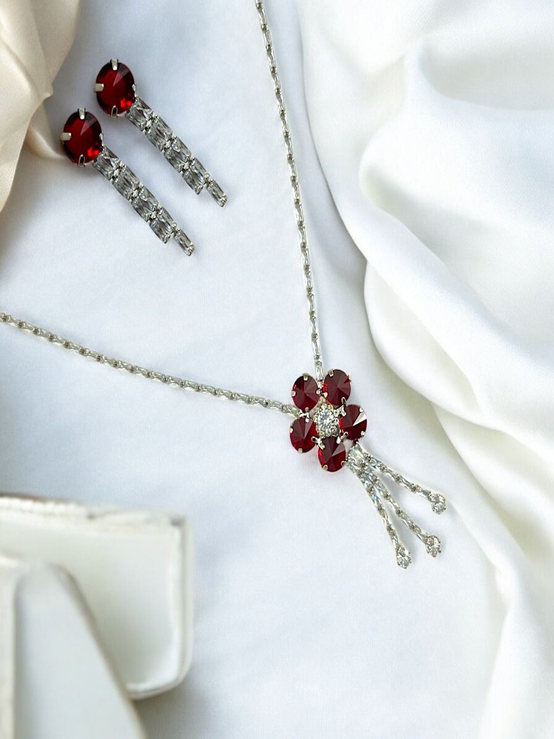 

AccessHer Brass-Plated American-Diamond Studded Necklace and Earrings, Silver