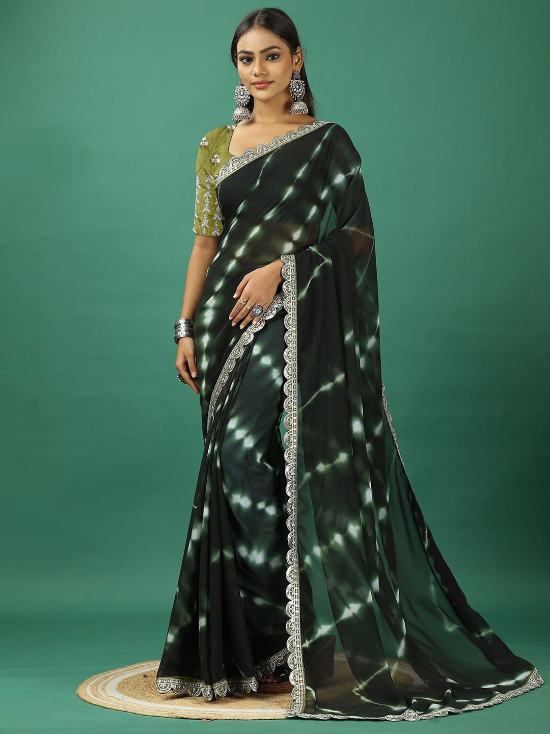 

NIRMAL CREATION Tie and Dye Embroidered Pure Georgette Saree, Green