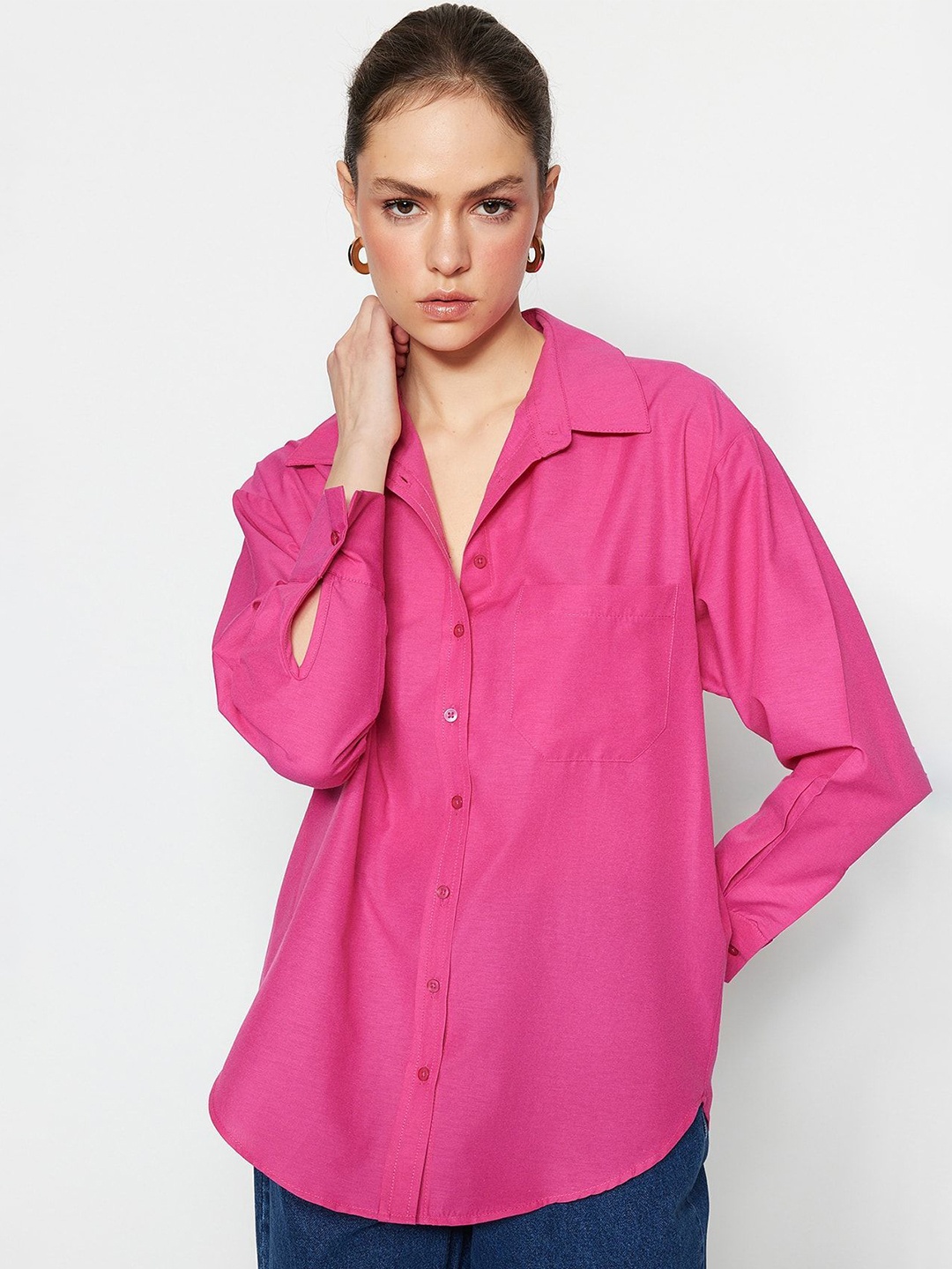 

NANCHI Women Comfort Oversized Fit Spread Collar Solid Cotton Casual Shirt, Pink