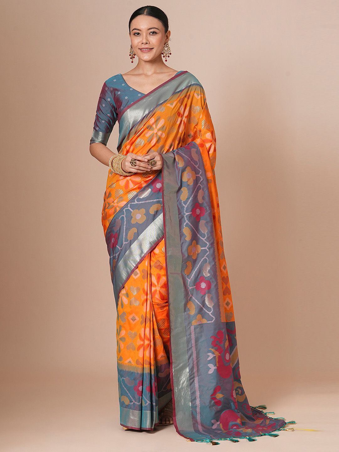 

House of Pataudi Woven Design Pochampally Saree, Mustard