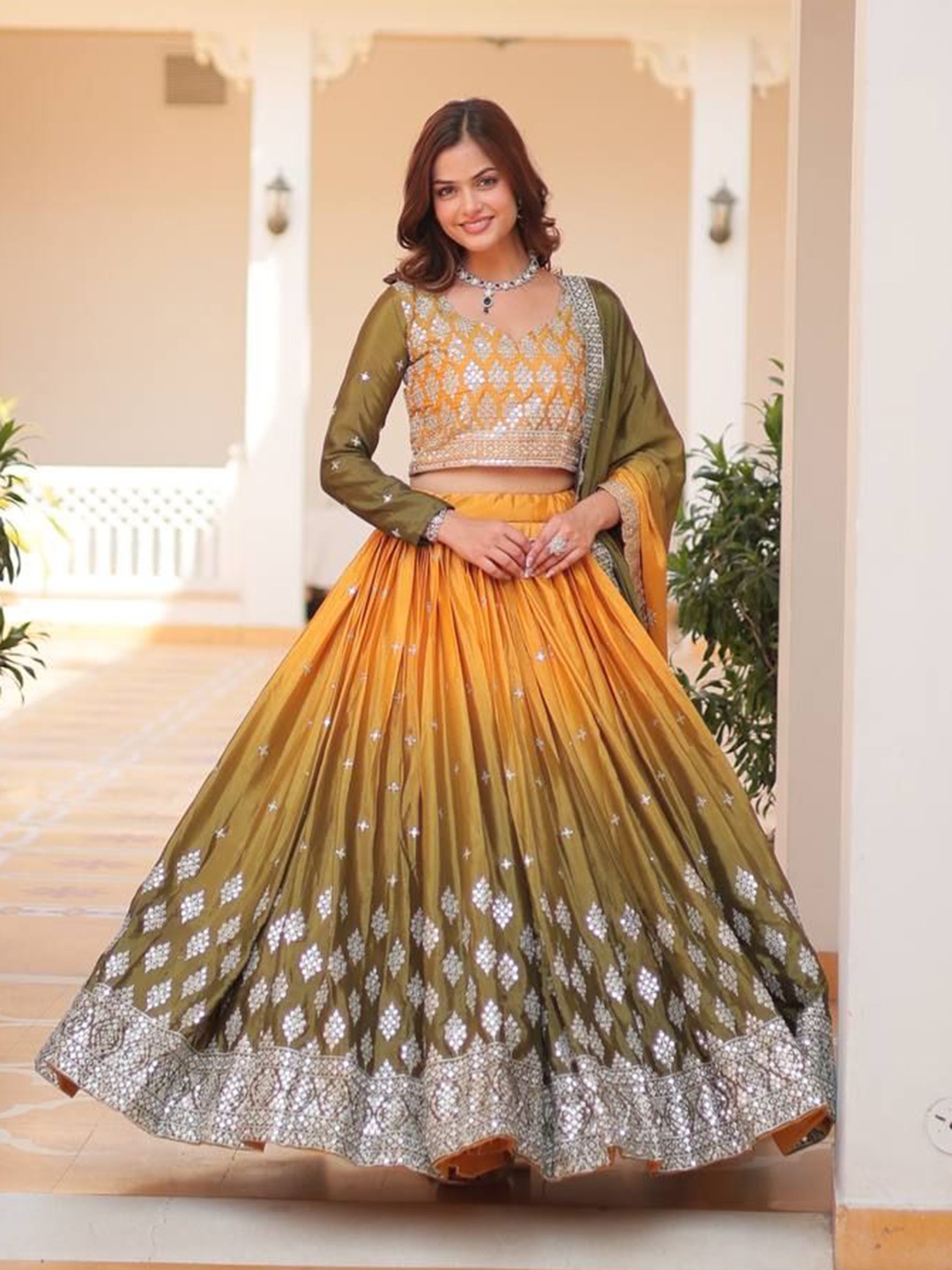 

KALINI Embroidered Mirror Work Ready to Wear Lehenga & Blouse With Dupatta, Yellow