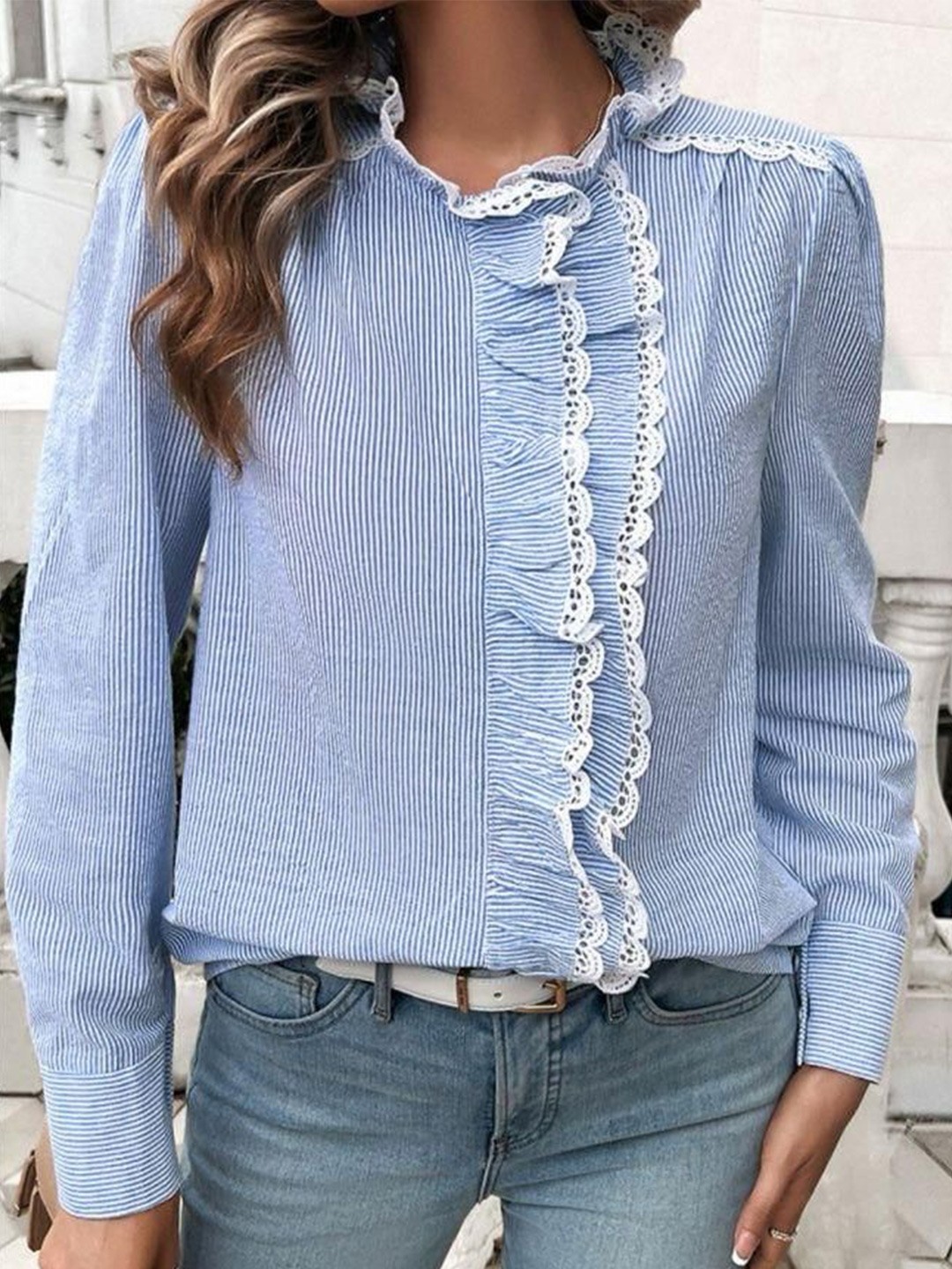 

Just Fab Women Standard Fit Vertical Striped Pure Cotton Casual Shirt, Blue