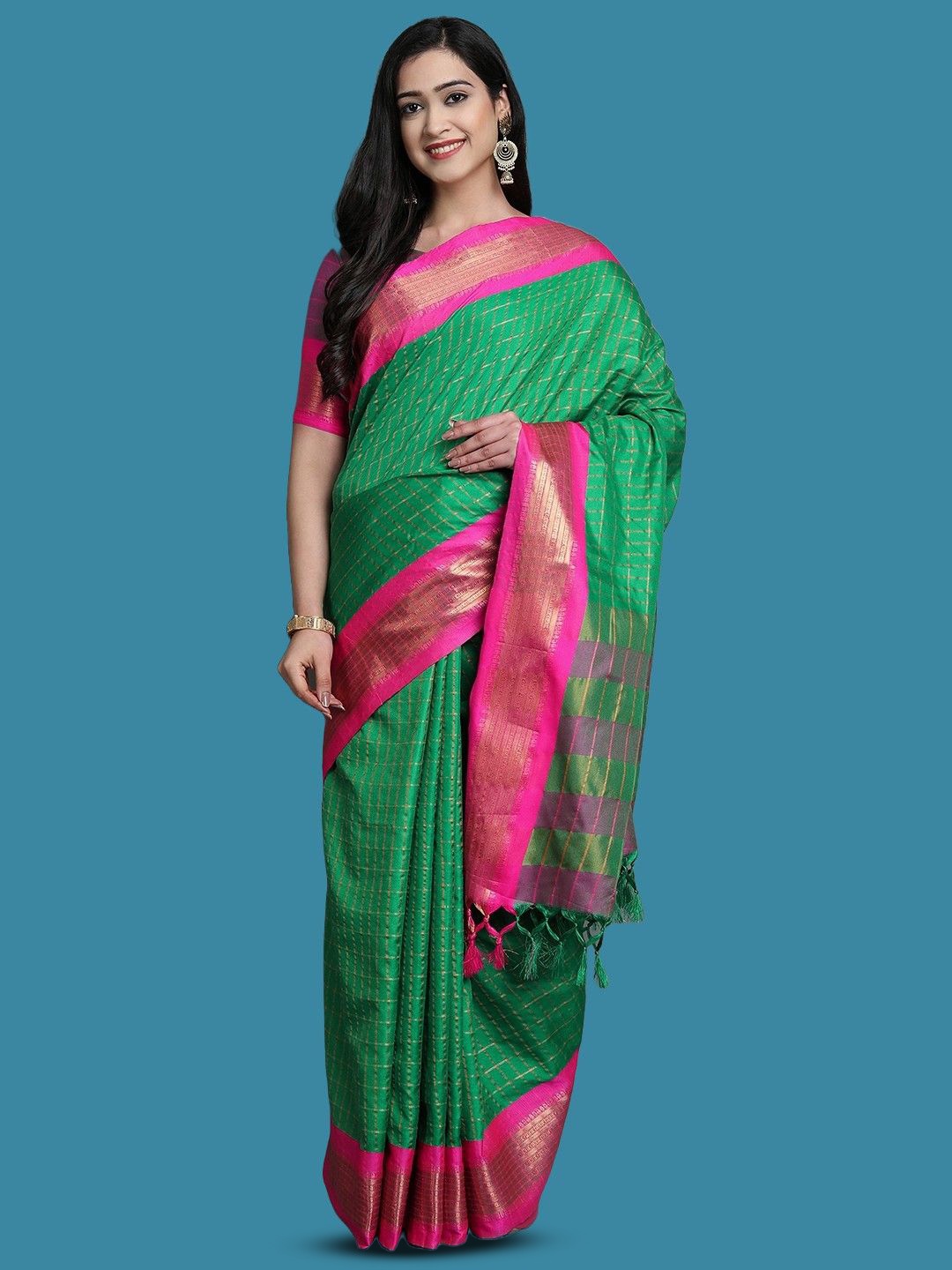 

yourwish Checked Woven Design Zari Garad Saree, Green