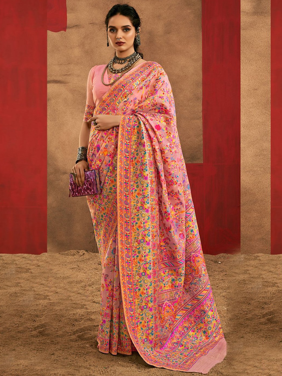 

Mitera Woven Design Zari Silk Cotton Saree, Pink