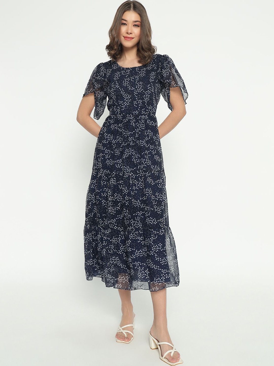 

Raiyani Enterprise Printed Flared Sleeve Georgette Fit & Flare Midi Dress, Blue