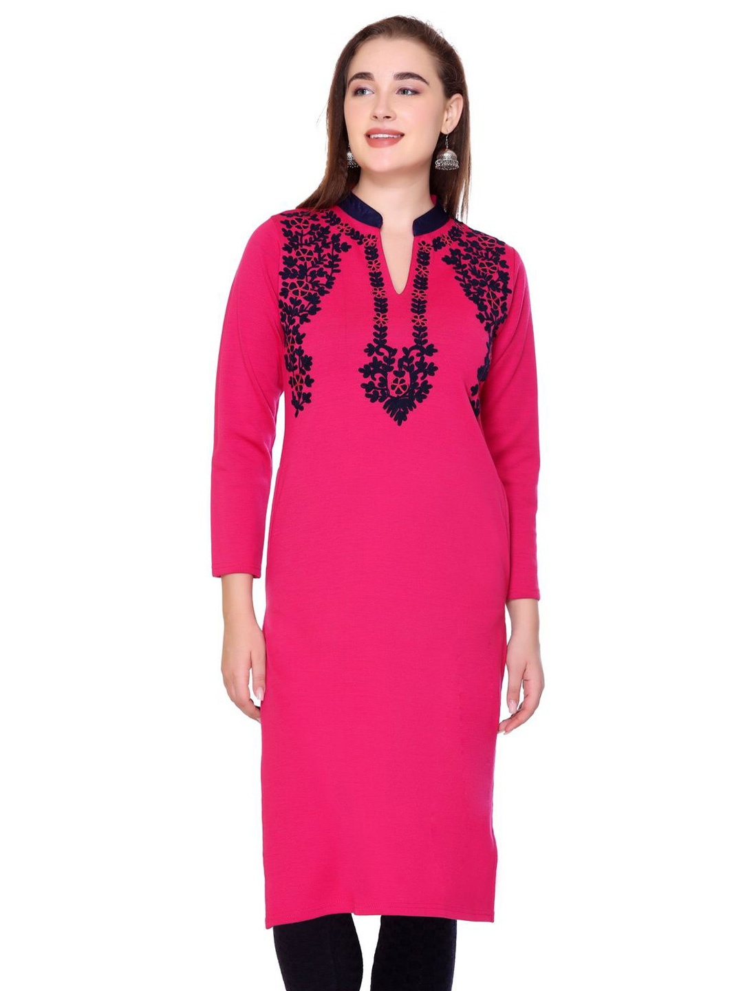 

ROSARY Winter Women Floral Embroidered Thread Work Kurta, Pink