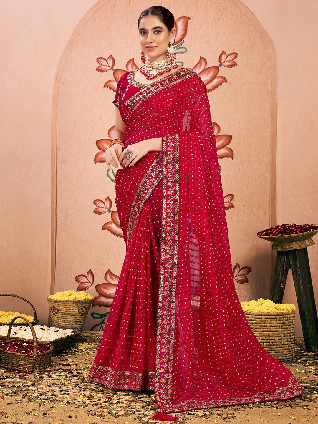 

Satrani Embroidered Pure Chiffon Bandhani Saree, Red