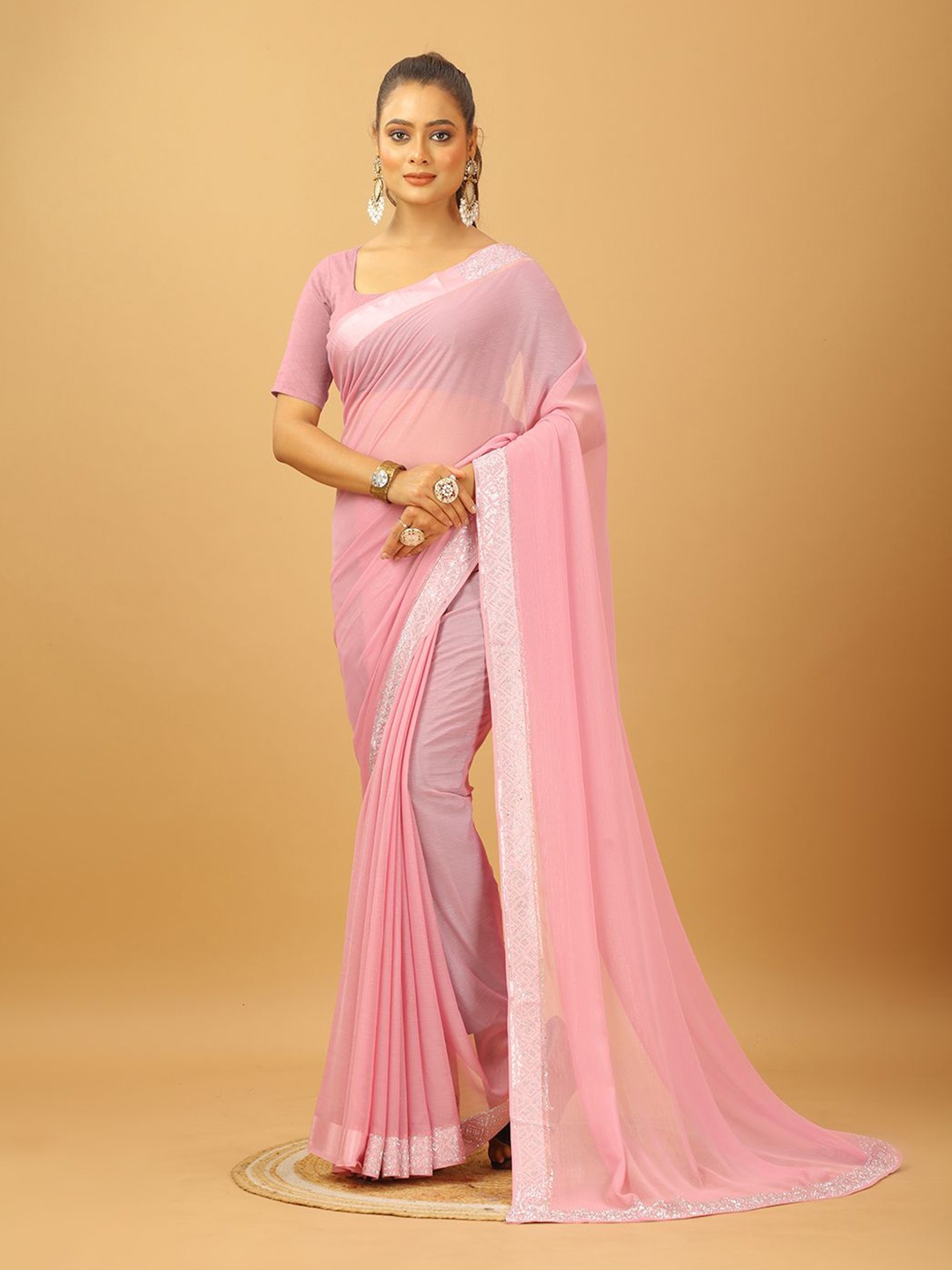 

NIRMAL CREATION Beads and Stones Pure Chiffon Saree, Pink