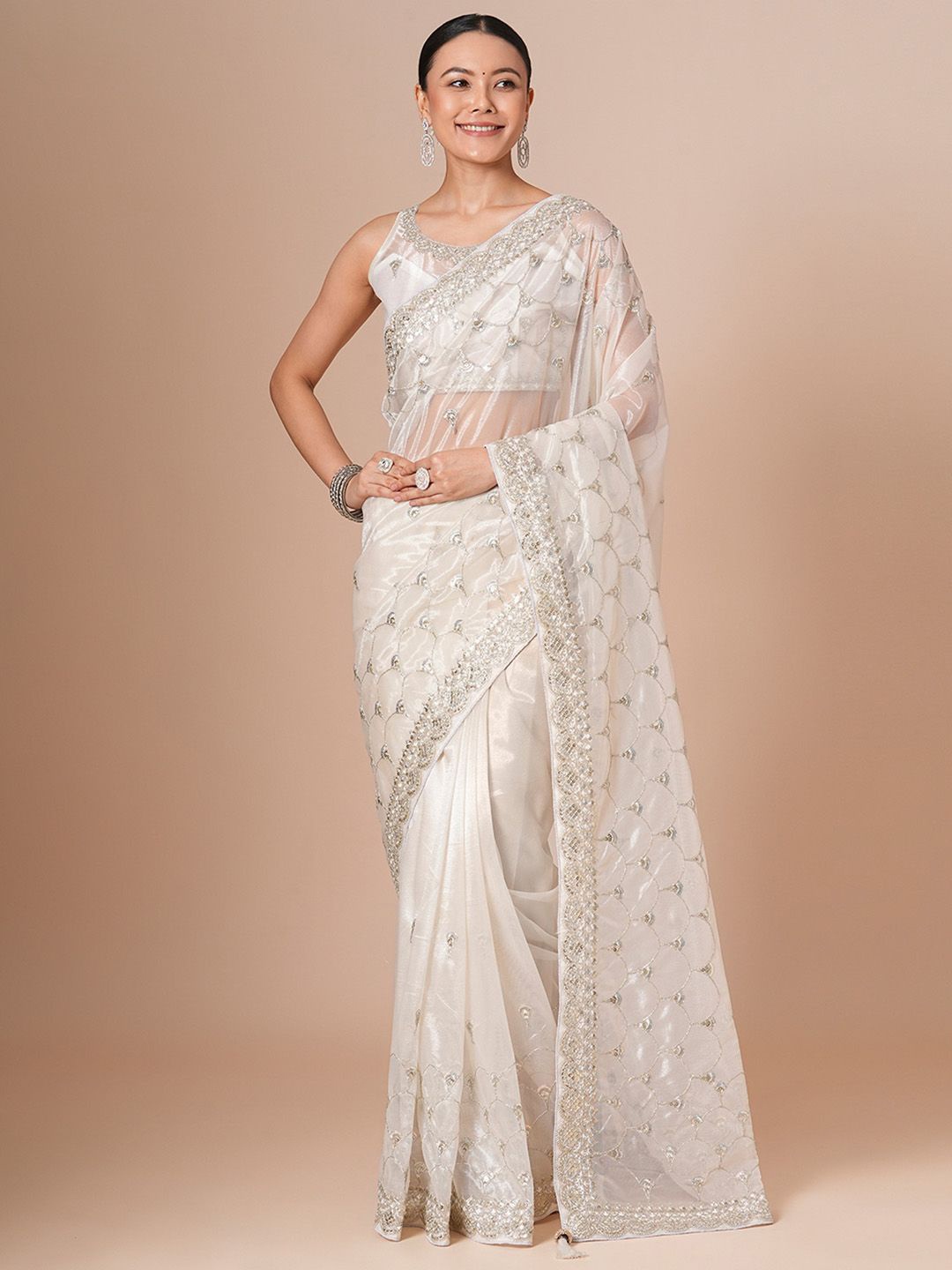 

House of Pataudi Embellished Sequinned Saree With Blouse Piece, White