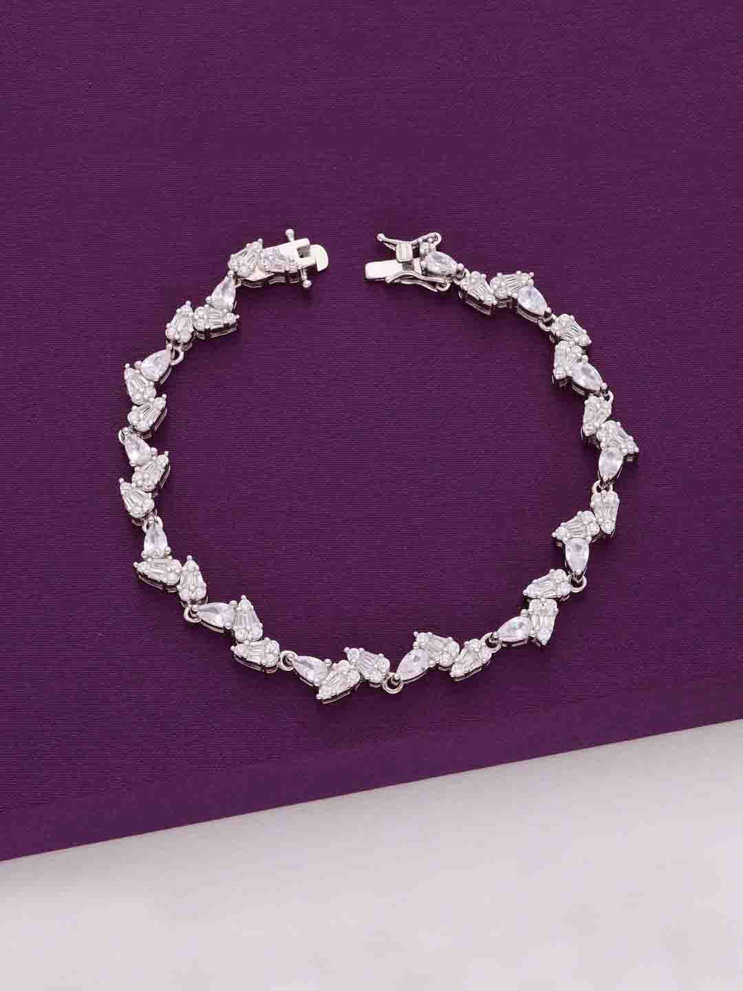 

KAI JEWEL Women 92.5 Silver Cubic Zirconia Rhodium-Plated Trendy Leaf Link Bracelet