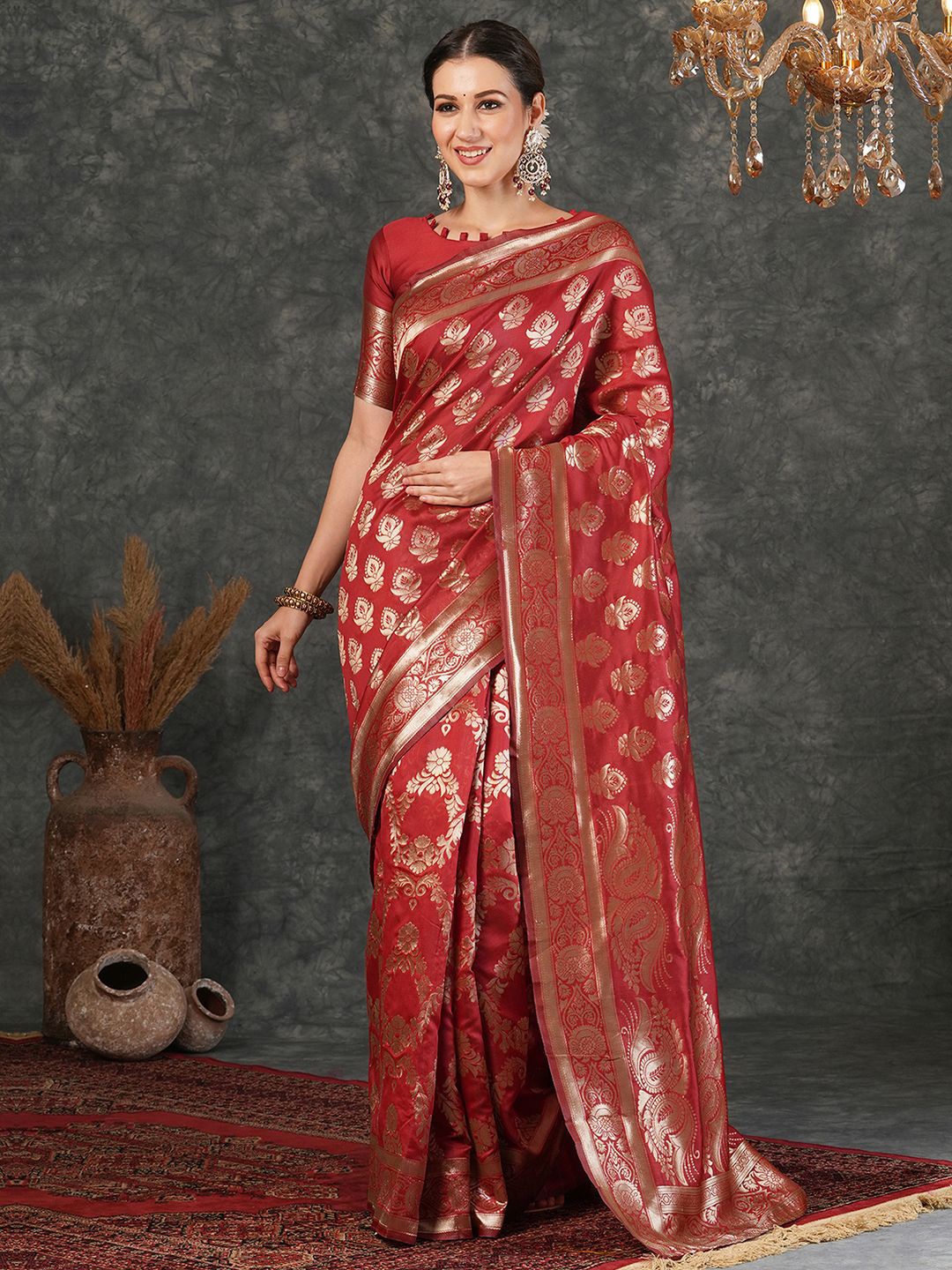 

KALINI Floral Woven Design Zari Banarasi Saree, Red