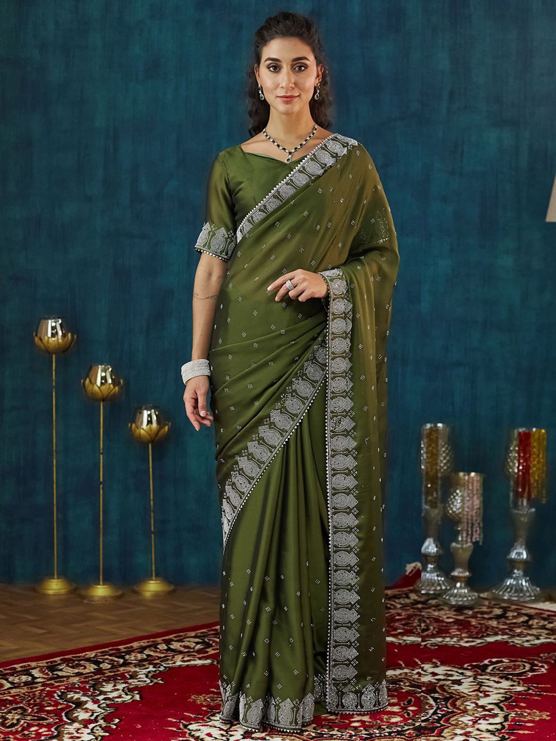 

Satrani Embellished Beads and Stones Pure Georgette Saree, Green