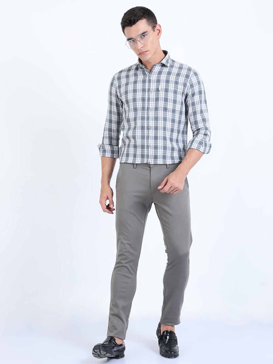 

HOUSE OF MAHNOTS Men Classic Slim Fit Spread Collar Tartan Checked Cotton Casual Shirt, Grey