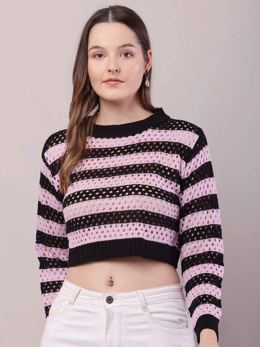 

NoBarr Women Self Design Crop Pullover, Pink