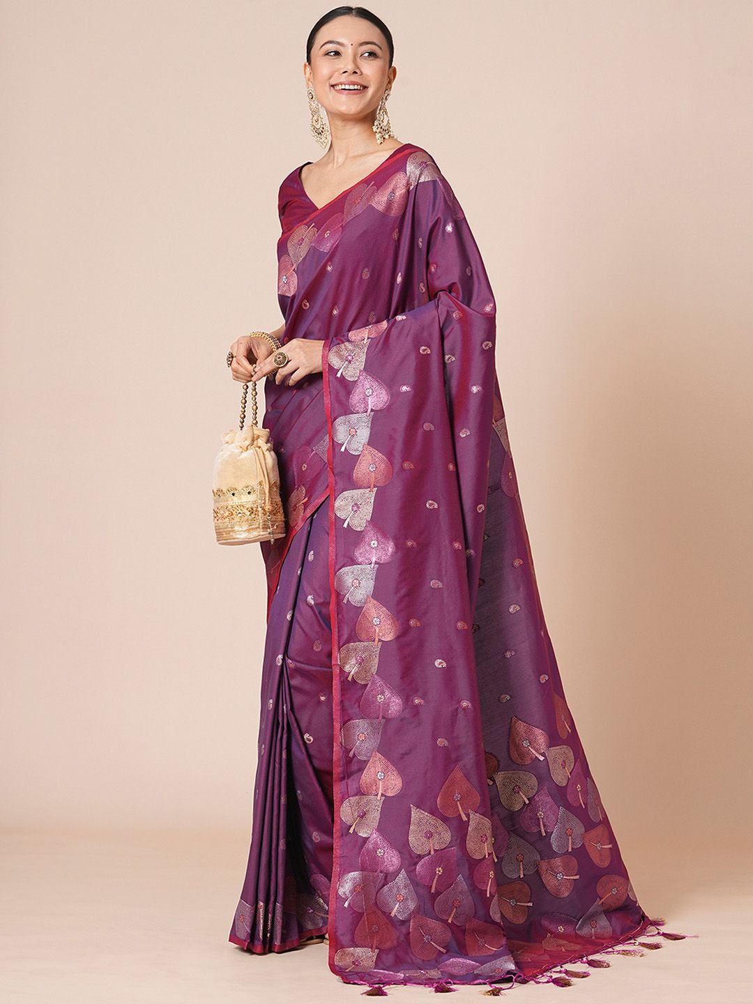 

House of Pataudi Woven Design Banarasi Saree With Blouse Piece, Magenta
