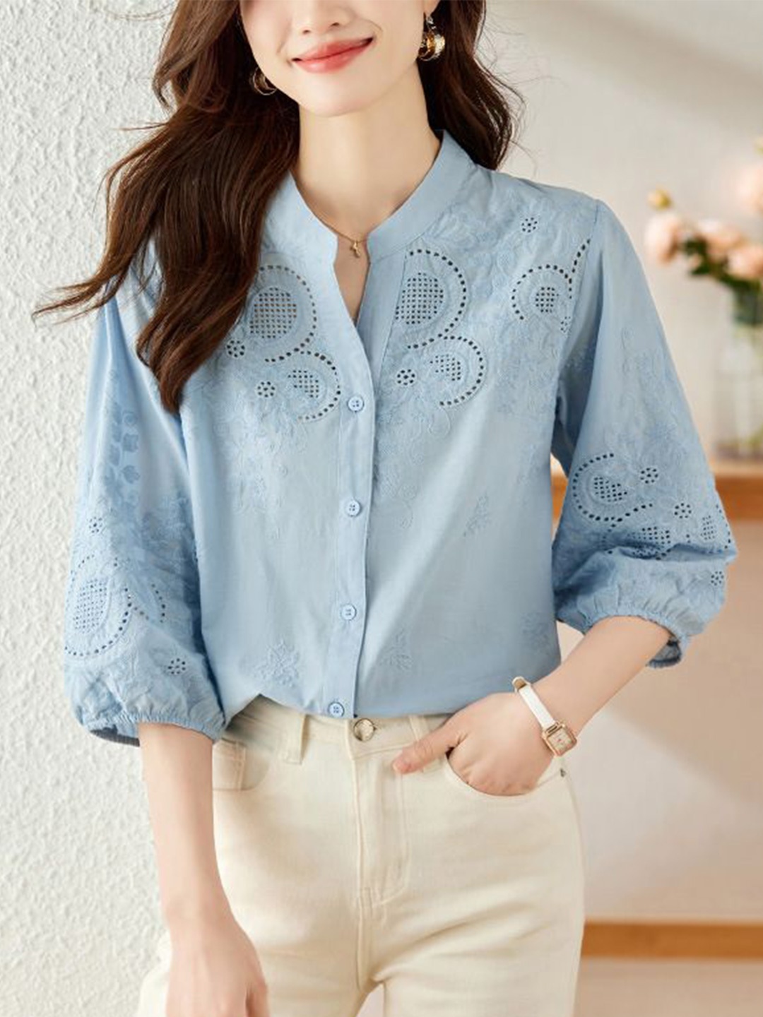

StyleCast Women Mandarin Collar Schiffli Cotton Top, Blue