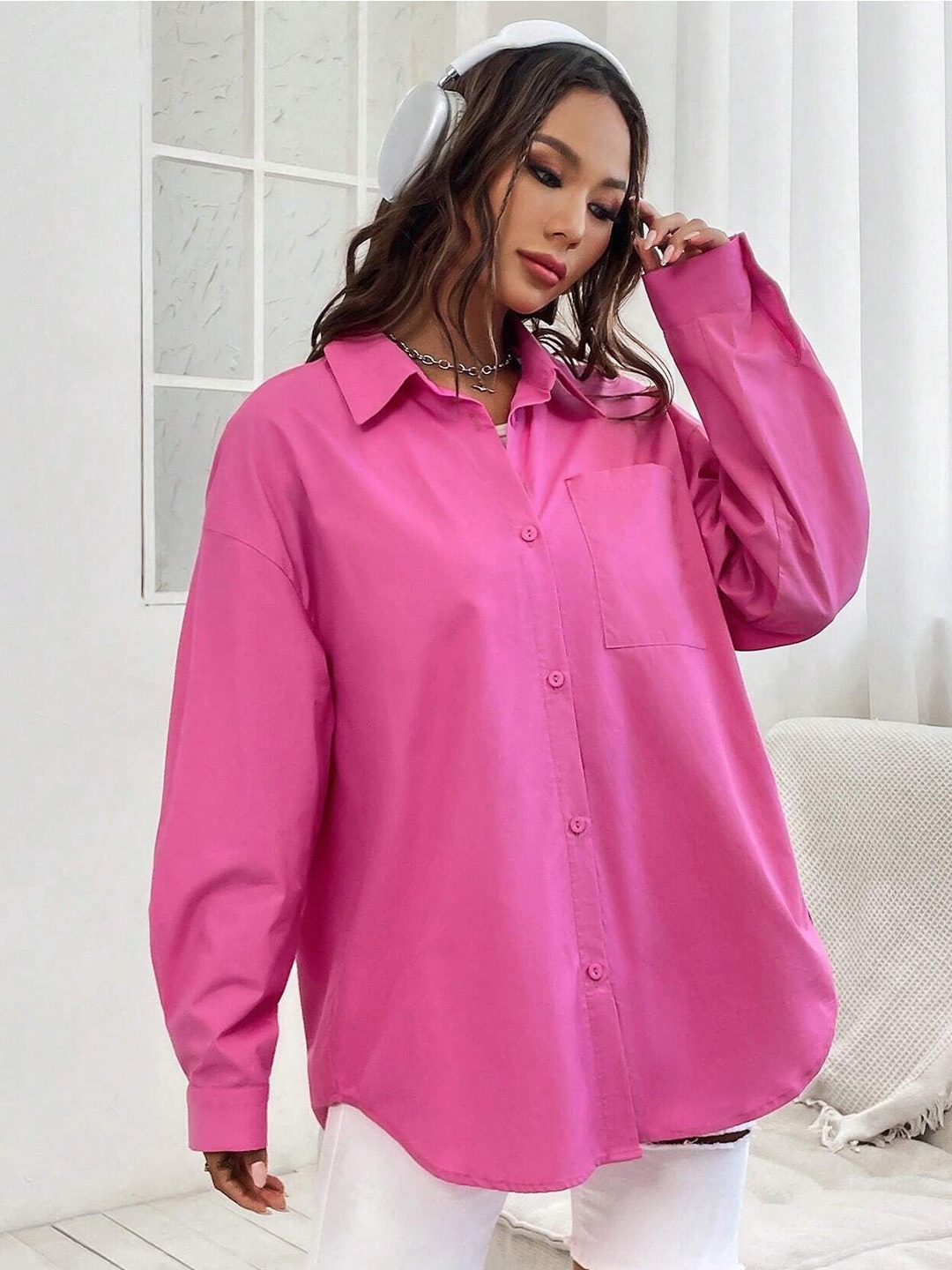 

NANCHI Women Comfort Oversized Fit Spread Collar Solid Cotton Casual Shirt, Pink