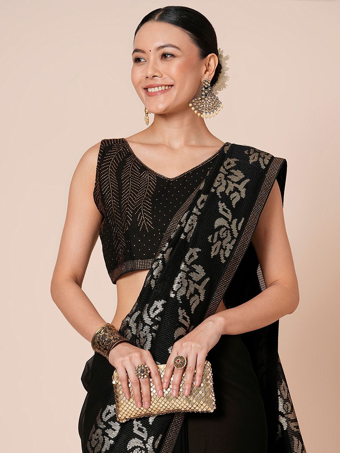 

House of Pataudi Embellished Party Wear Saree With Blouse Piece, Black