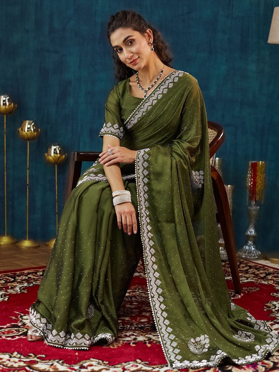 

Satrani Embellished Beads and Stones Pure Georgette Saree, Green