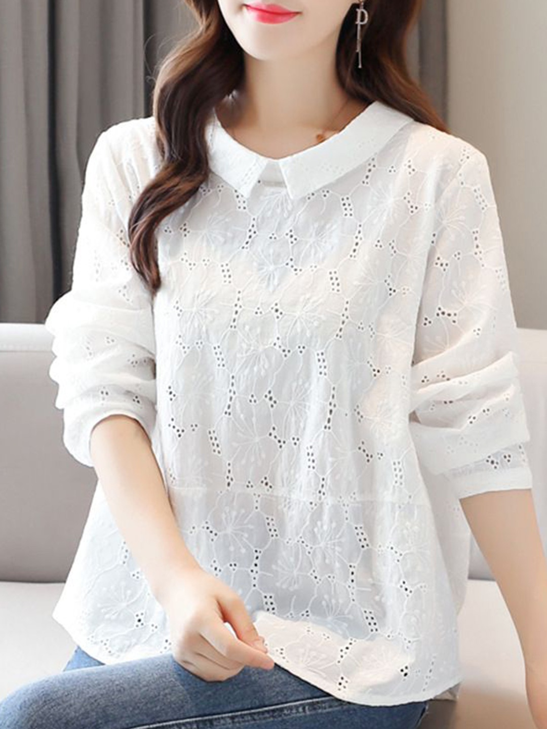 

StyleCast Women Embroidered Peter Pan Collar Cotton Top, White