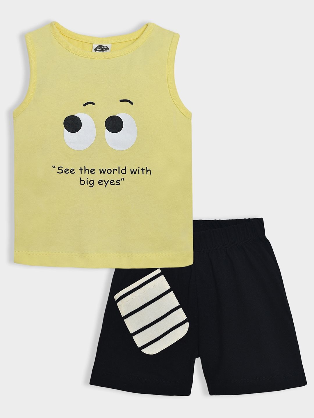 

MiArcus Boys Graphic Printed Round Neck Sleeveless Pure Cotton T-shirt With Shorts, Yellow