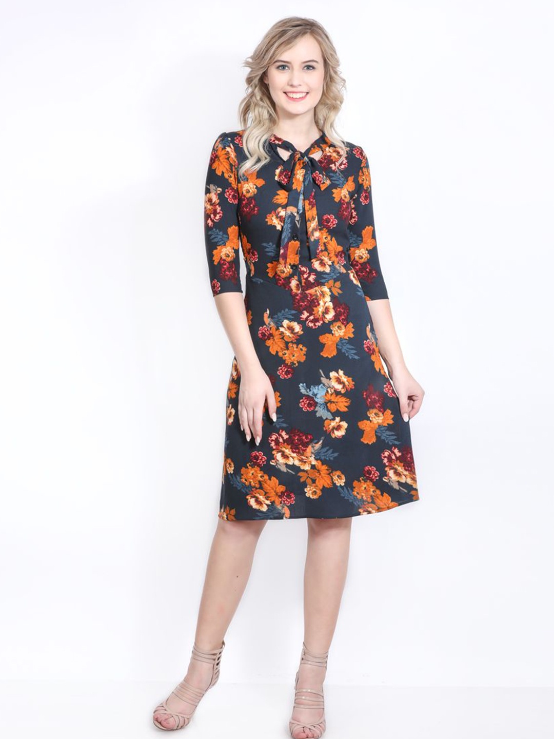 

DELIS Floral Print Tie-Up Neck Georgette A-Line Dress, Black