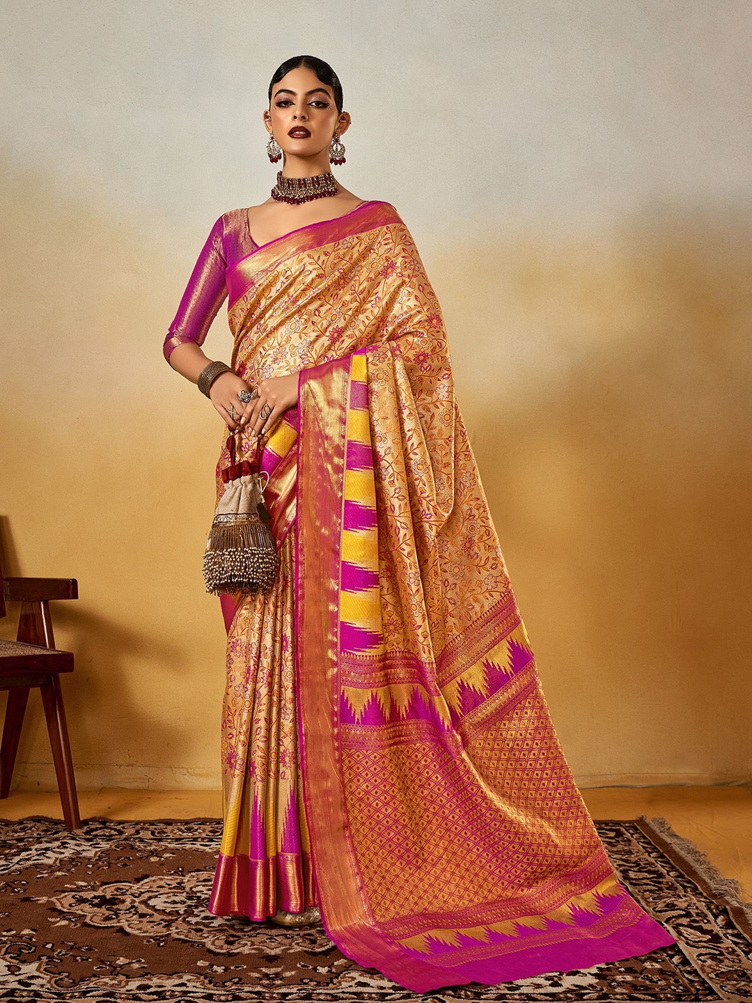 

elora Floral Zari Dharmavaram Saree, Beige