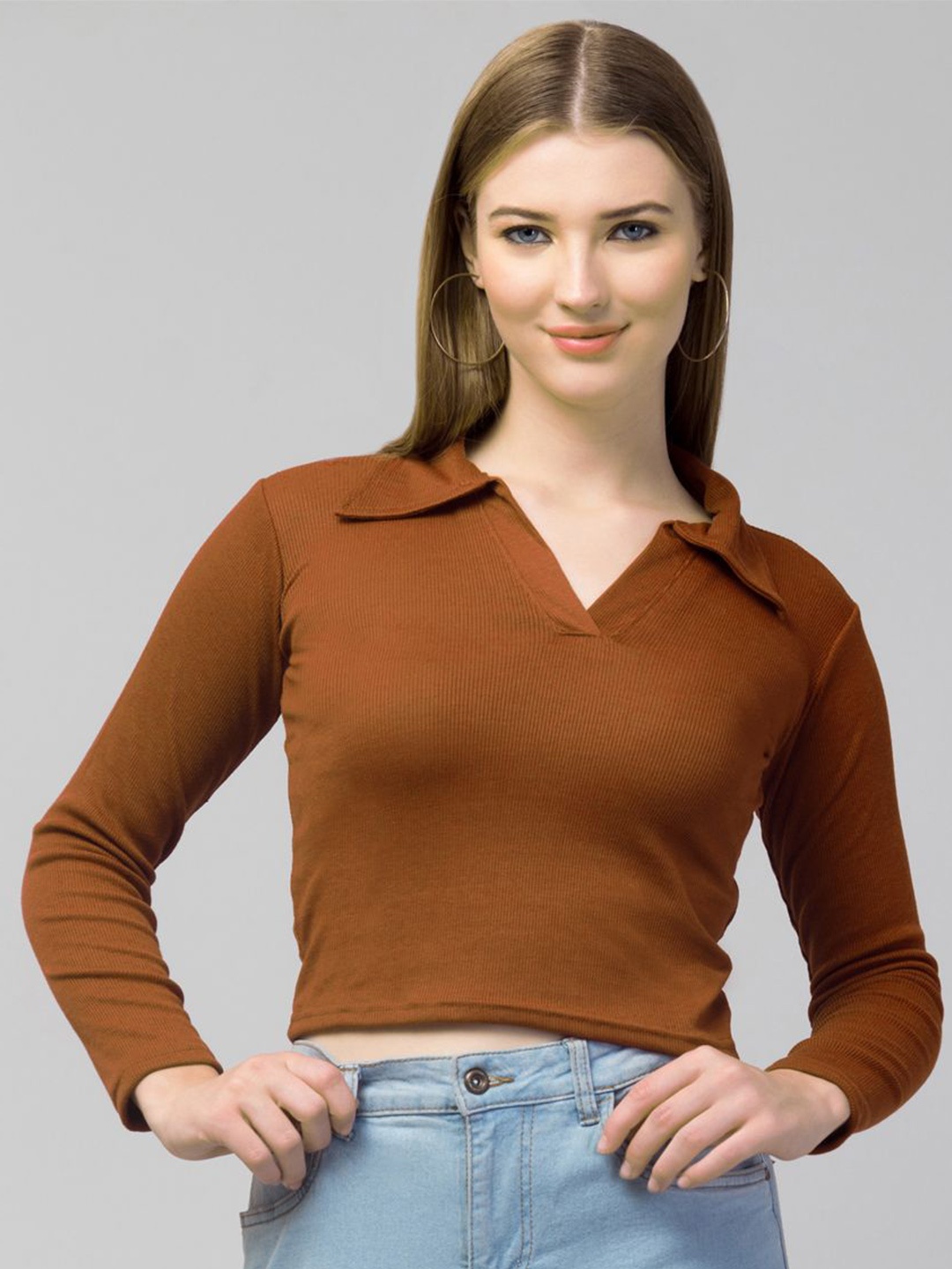 

Trend Level Women Shirt Collar Cotton Fitted Crop Top, Brown
