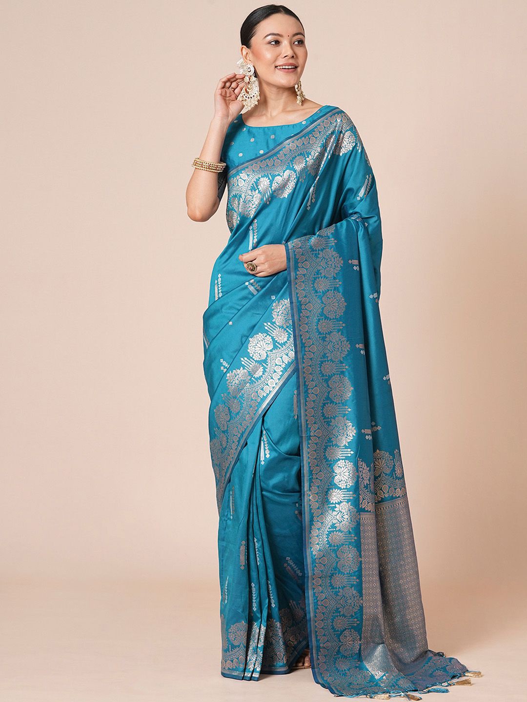 

House of Pataudi Woven Design Banarasi Saree With Blouse Piece, Blue