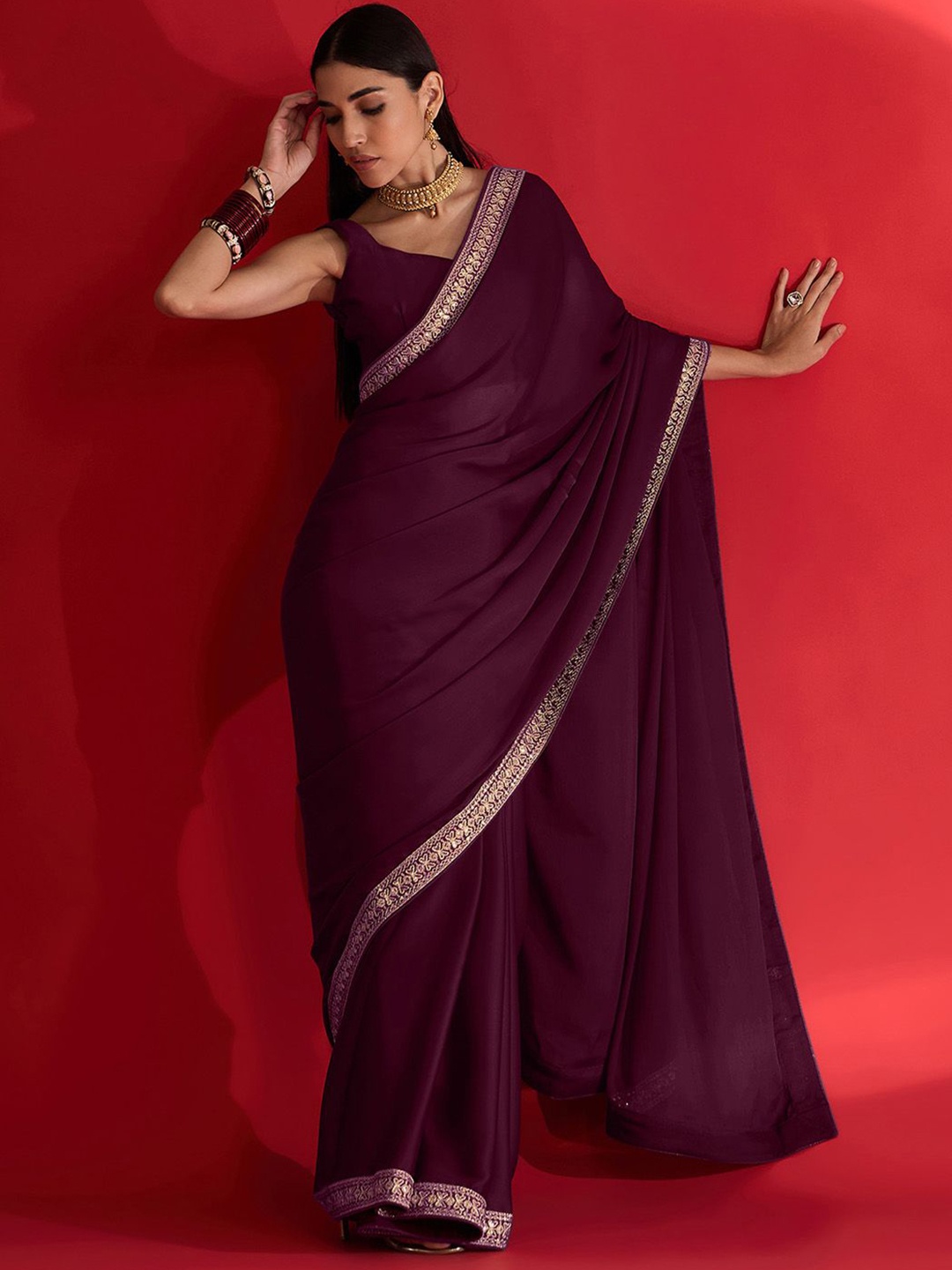 

Mitera Embroidered Satin Saree, Magenta