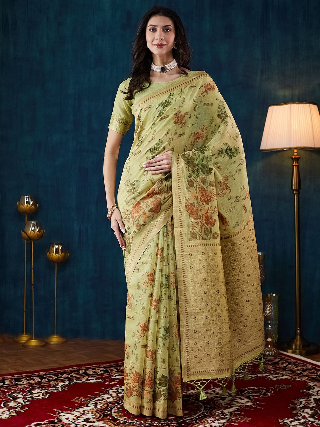 

Satrani Woven Design Embroidered Saree, Green