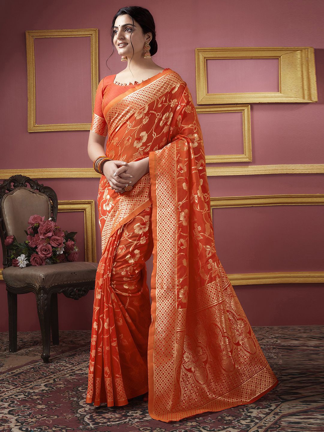 

KALINI Floral Woven Design Zari Banarasi Saree, Orange