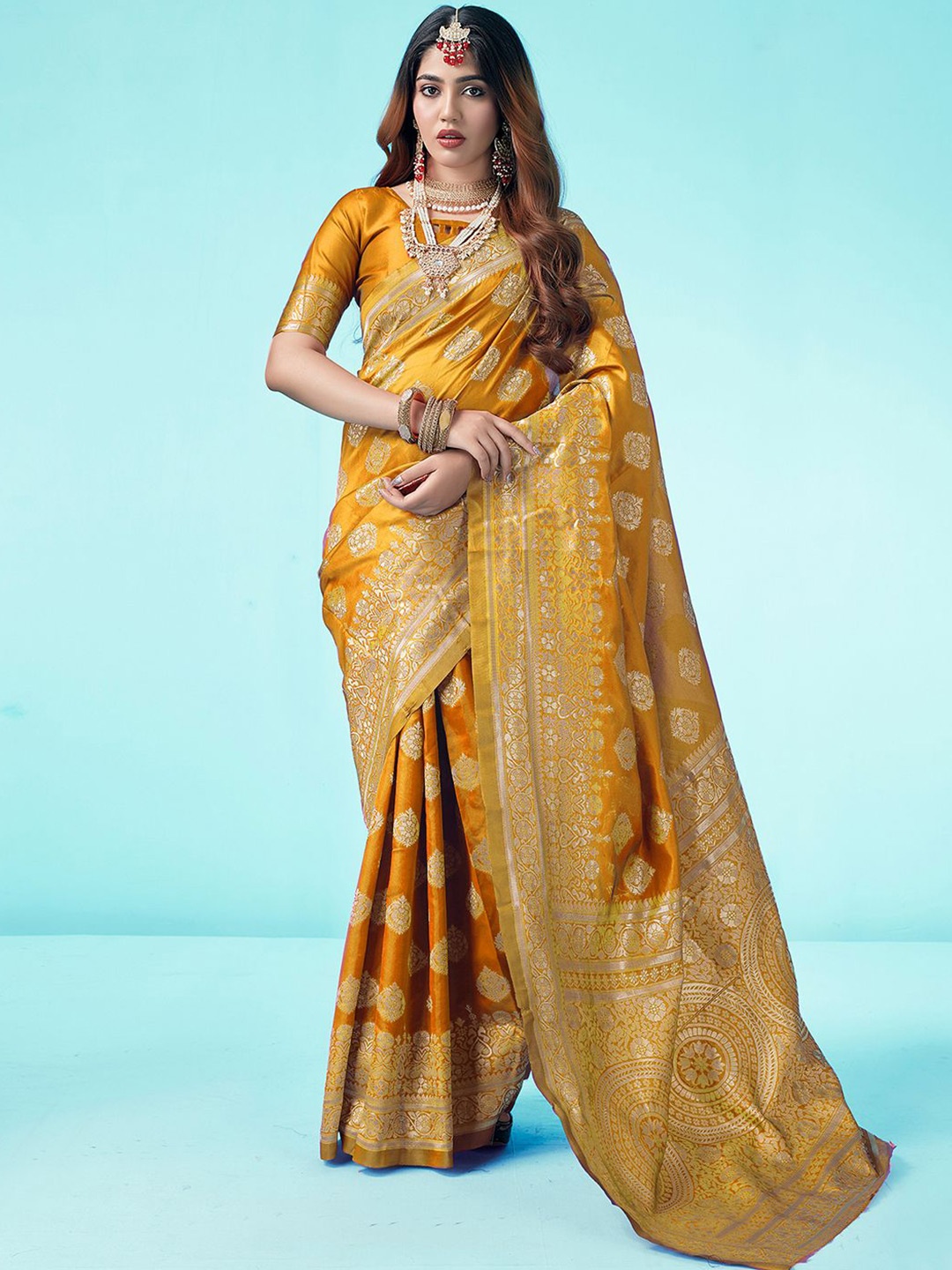 

KALINI Ethnic Motifs Zari Banarasi Saree, Mustard