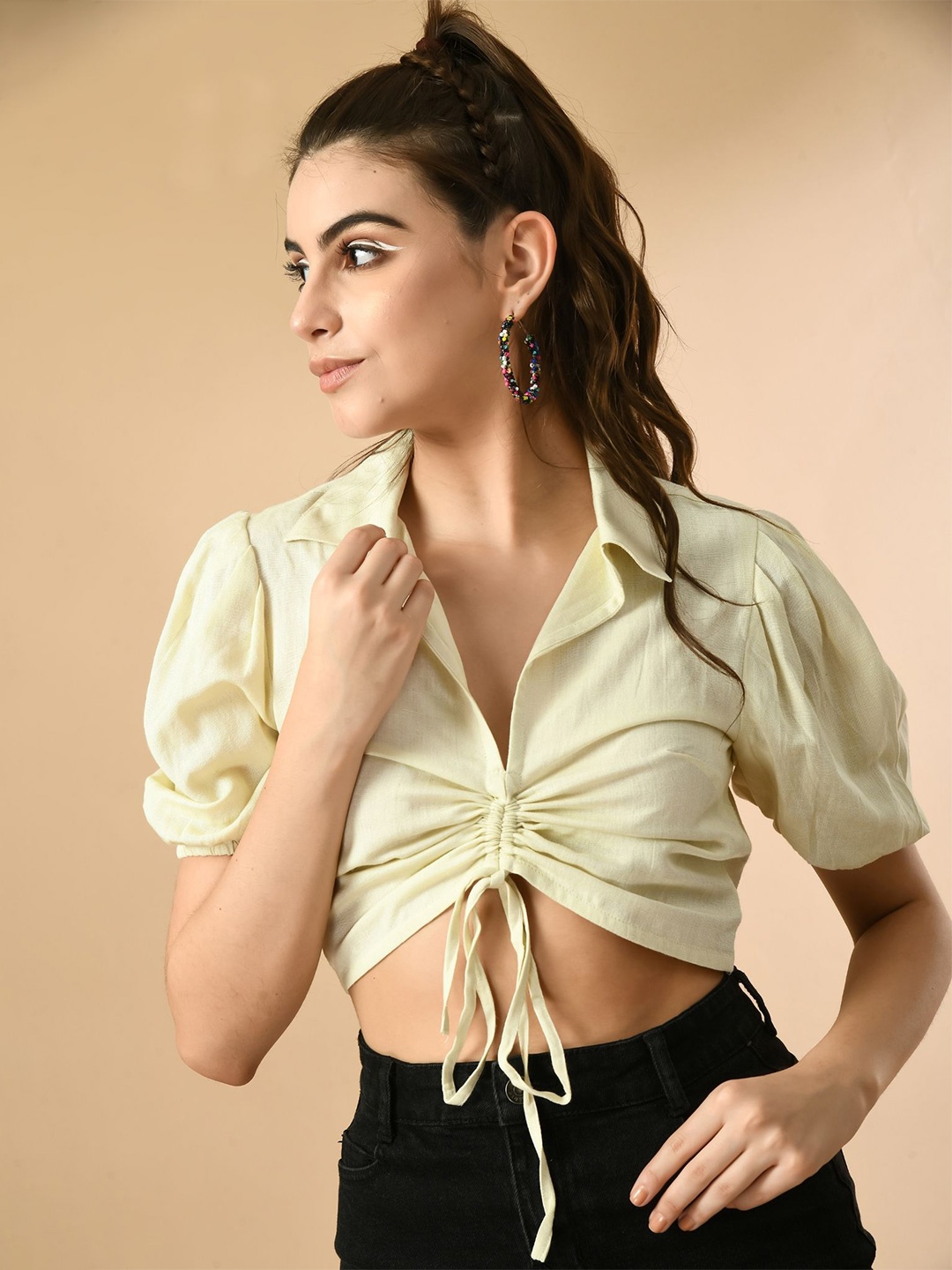 

DressBerry Women Shirt Collar Shirt Style Crop Top, Green