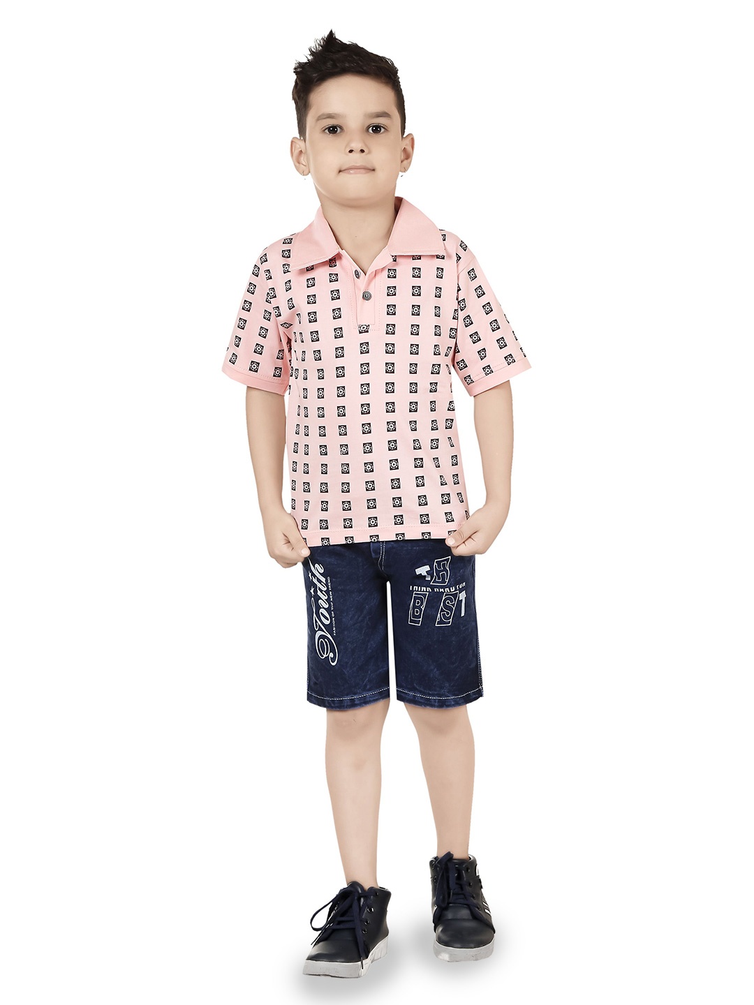 

LUCII Boys Printed Shirt Collar T-shirt With Shorts, Pink