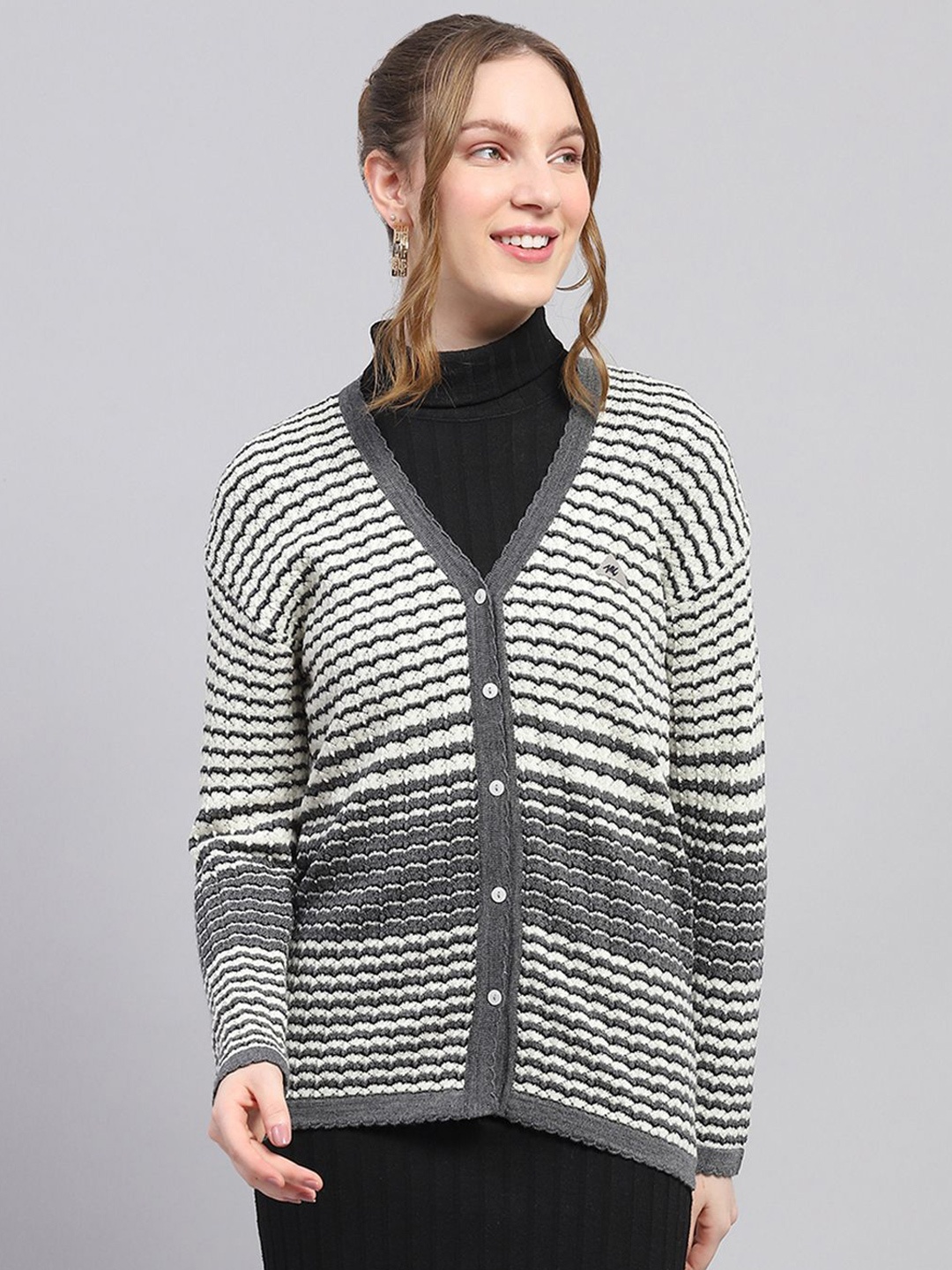 

Monte Carlo Women Striped Woollen Cardigan, Grey